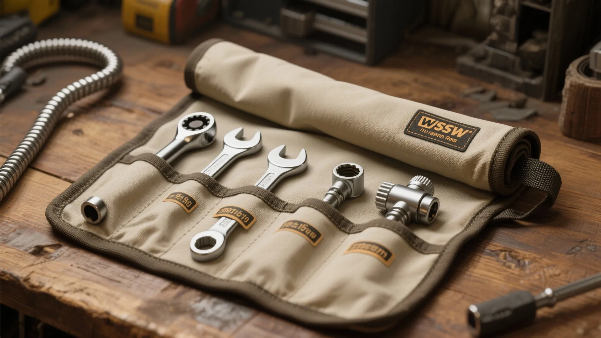 Tan fabric tool roll bag with several metal wrenches organized inside on a wooden table