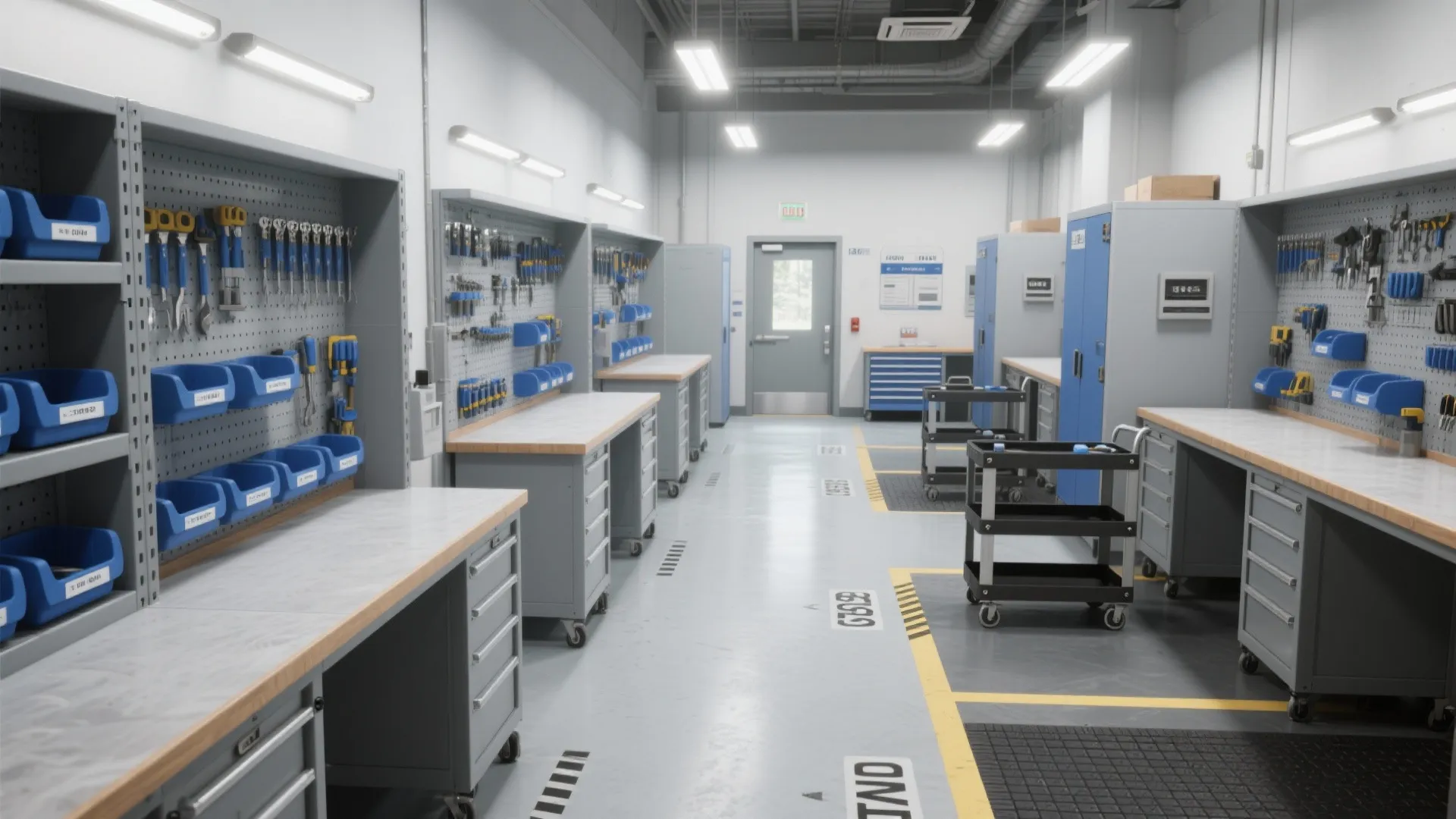 Modern workshop with organized tool storage wall cabinets blue bins work benches and bright ceiling lights