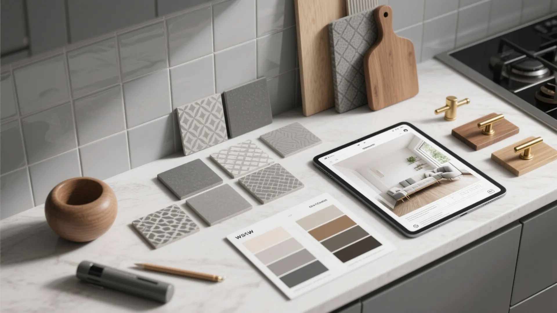 Kitchen counter with tile samples color palette wood pieces gold handles and tablet design drawing