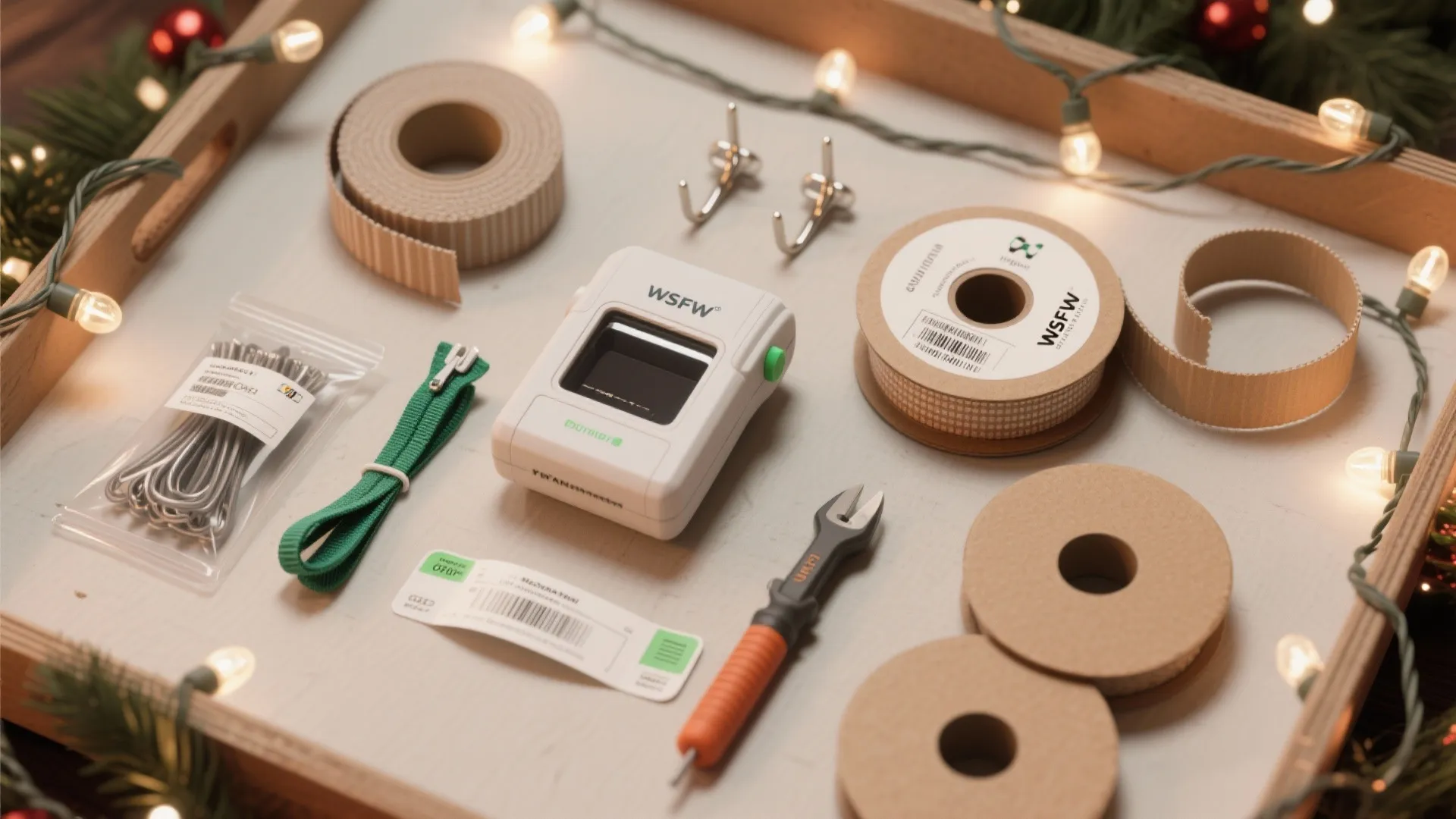 Curtain installation tools including hooks tape rolls and small electronic device organized in a tray