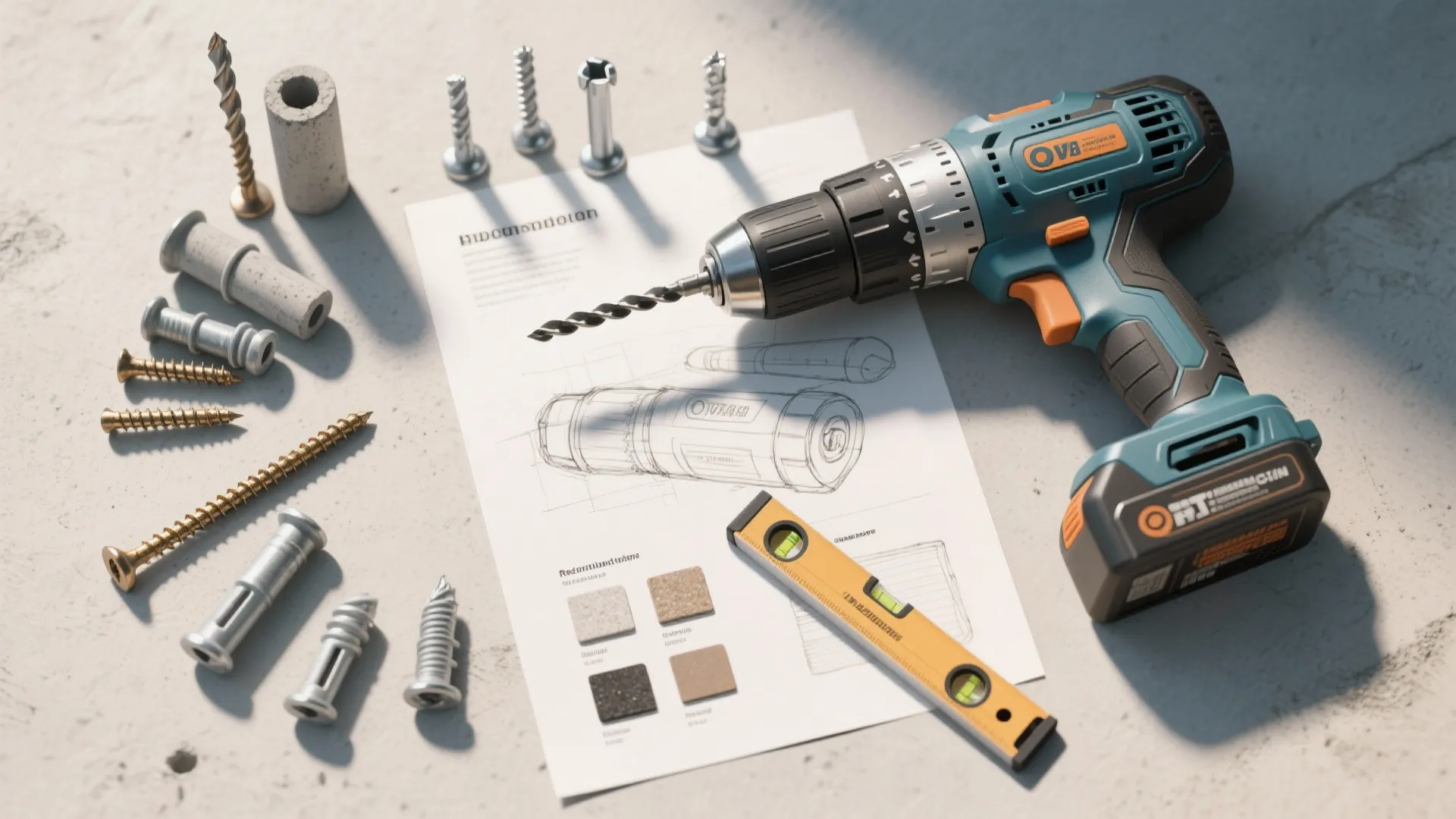 Power drill level and various wall screws placed on an interior design drawing and paper plan