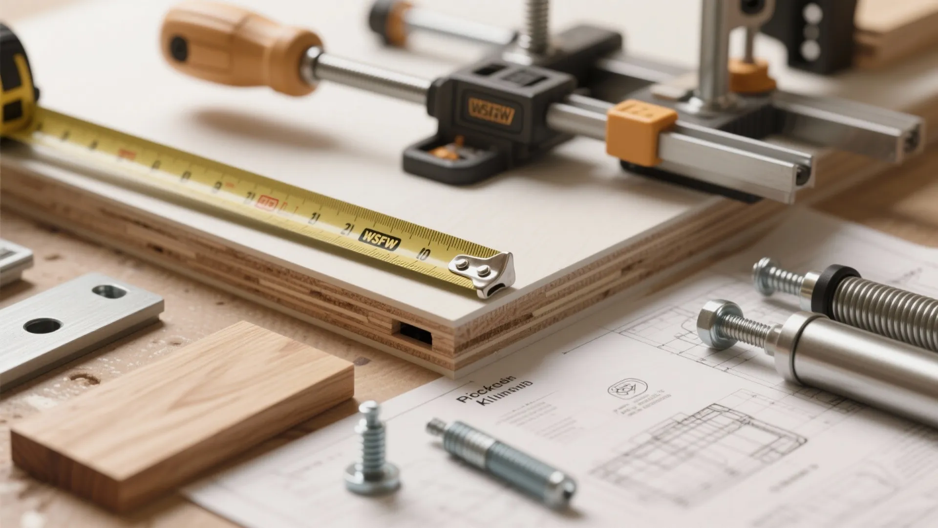 Yellow measuring tape on a wooden board next to metal clamps screws and floor plan