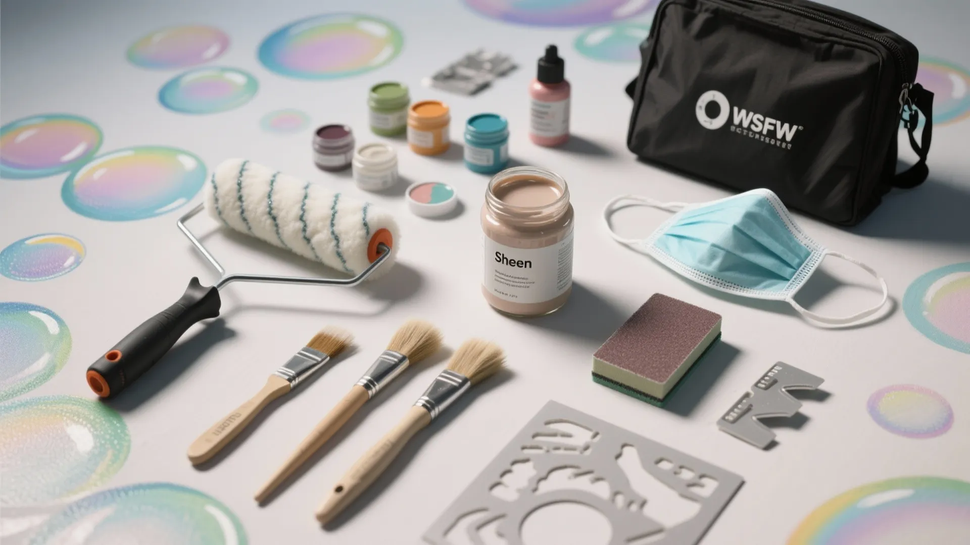 Interior house painting tools including paint rollers brushes color samples mask and a black bag