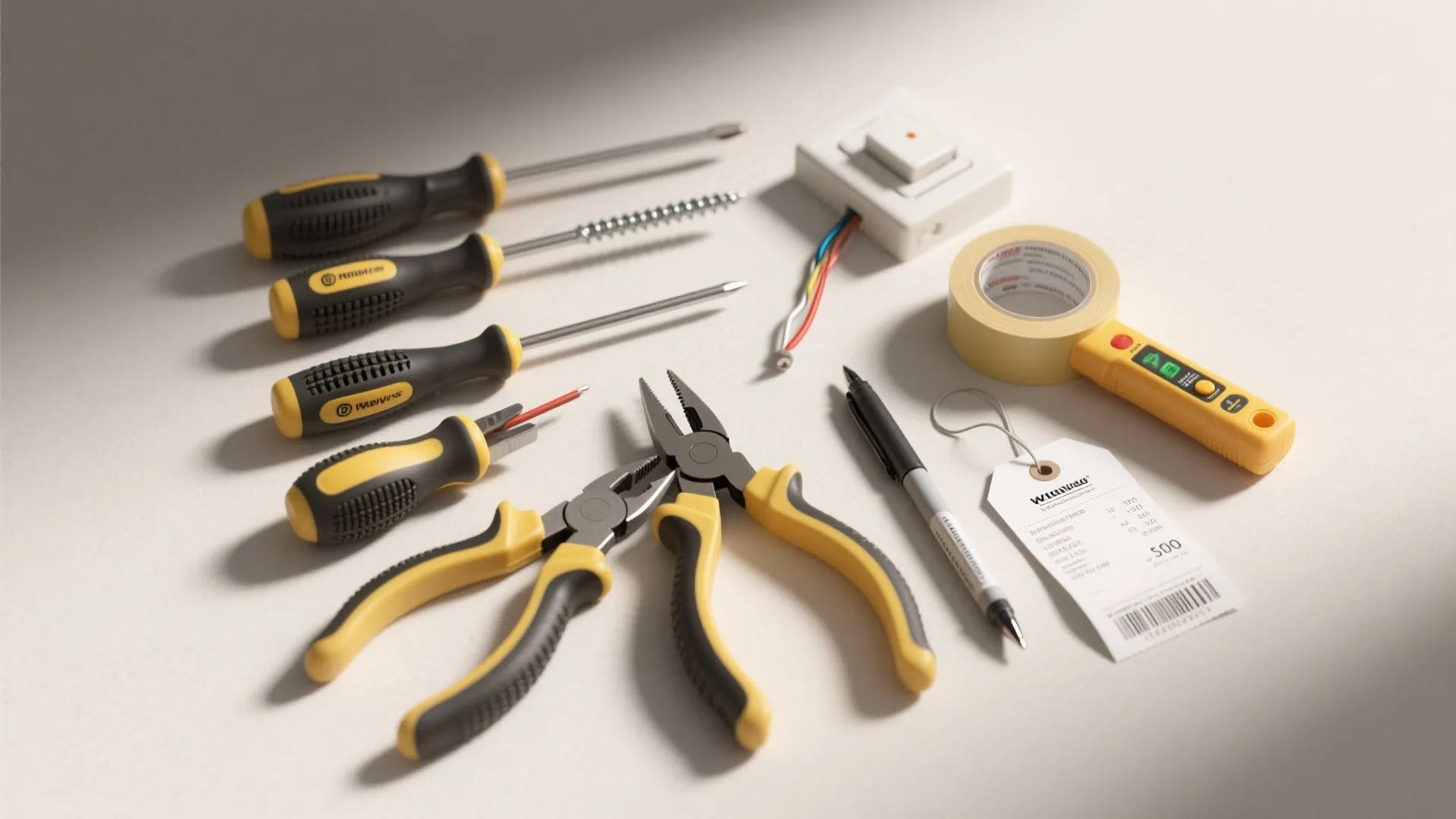 Hand tools including screwdrivers pliers tape and a price tag for a home repair project