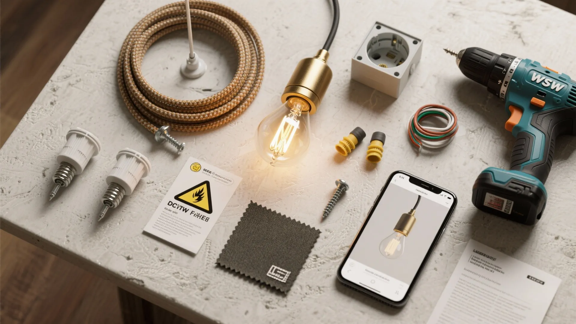 Tools for installing a light fixture including power drill light bulb and various small electrical parts
