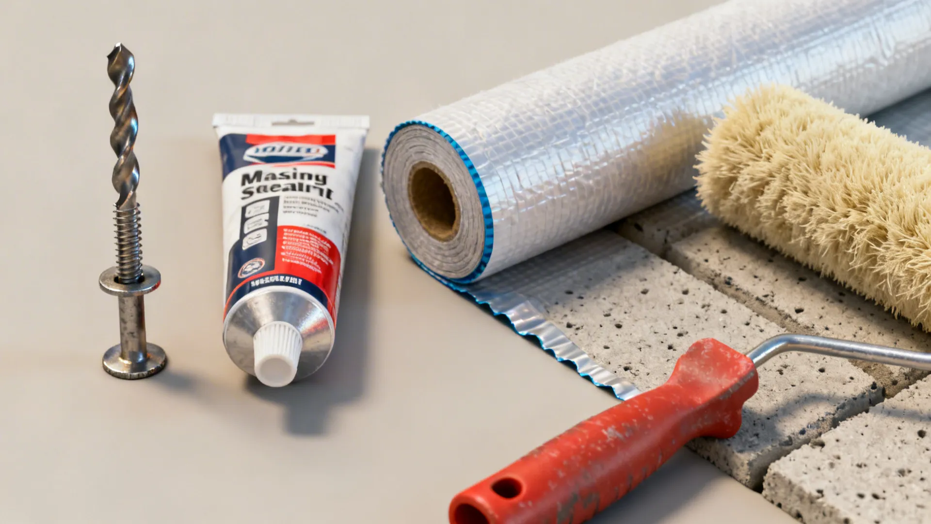 Close-up of masonry tools: sleeve anchor, drill bit, sealant and thick-nap roller.