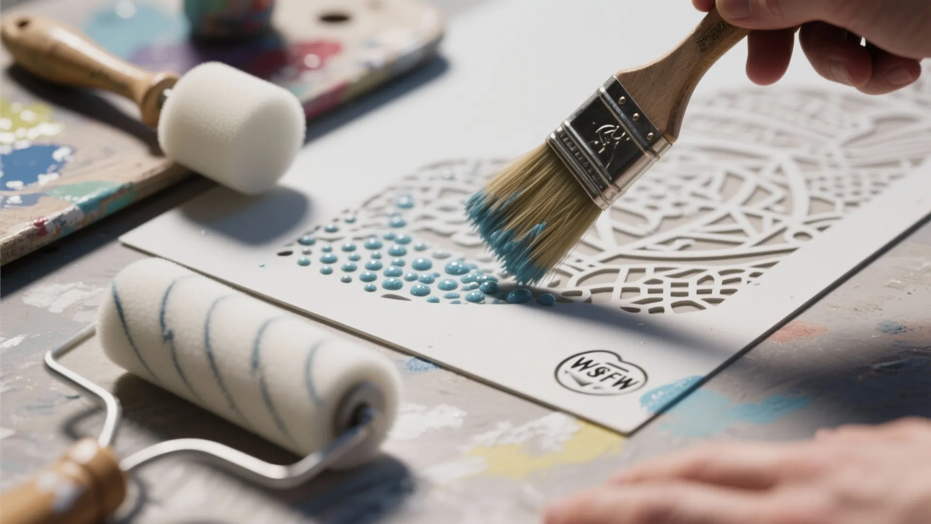 Hand using a small brush to apply blue paint through a stencil on white surface