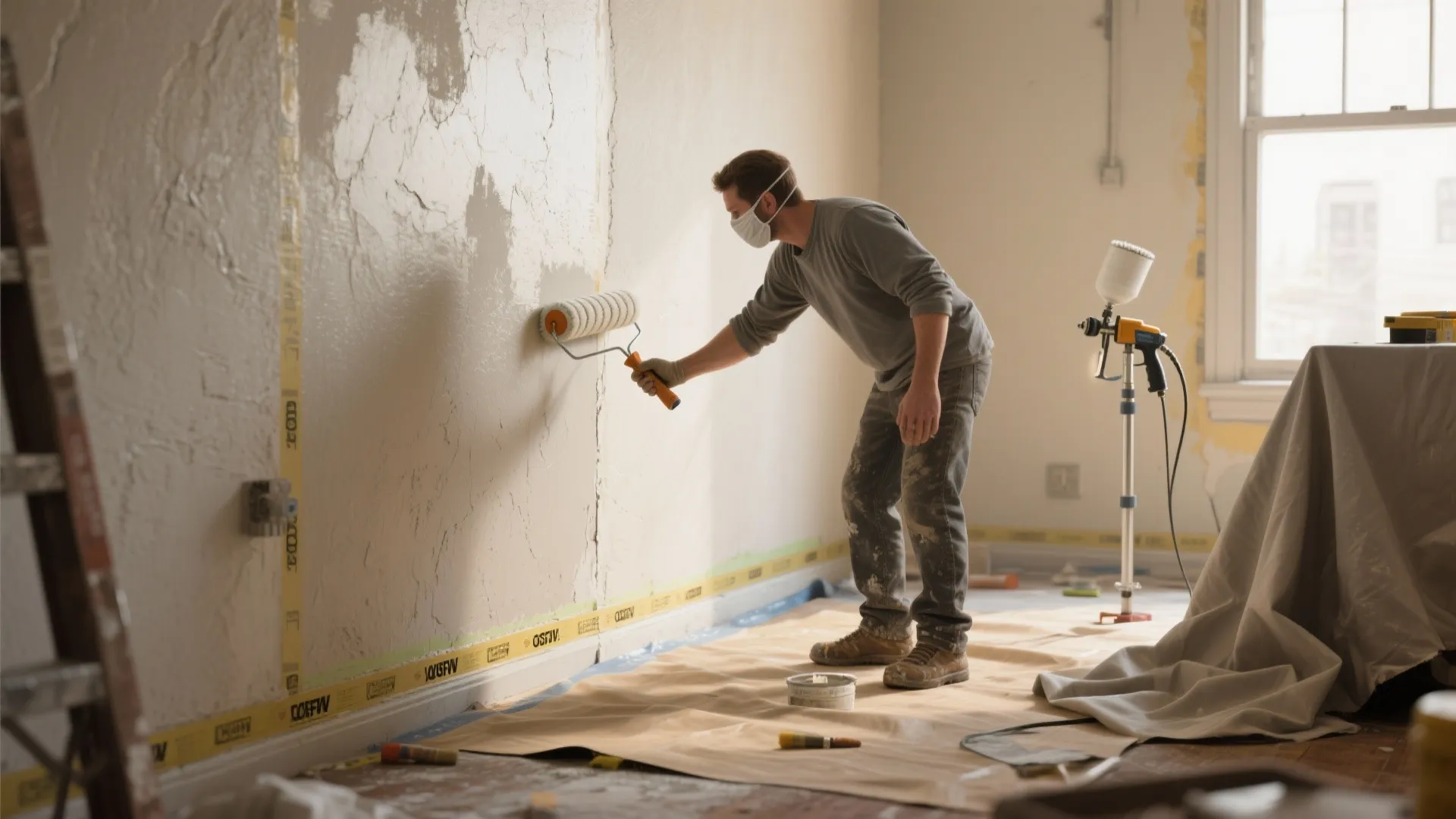 Man wearing a face mask using a paint roller to apply primer on a wall