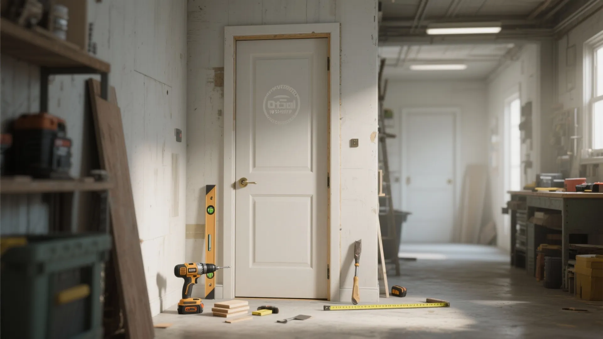 Pre-hung interior door with drill, level, shims and chisel ready for a DIY installation