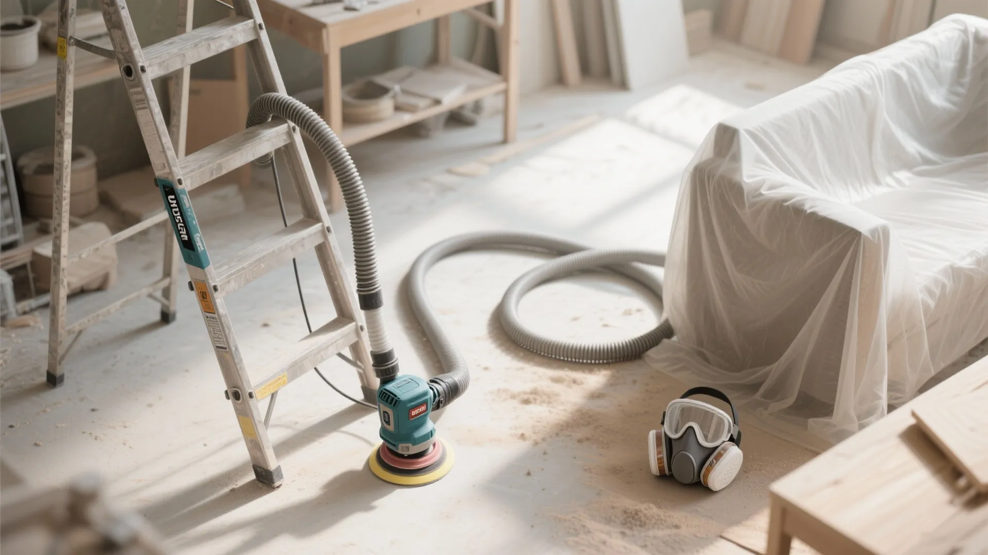 A room under renovation with a metal ladder power sander dust mask and covered sofa