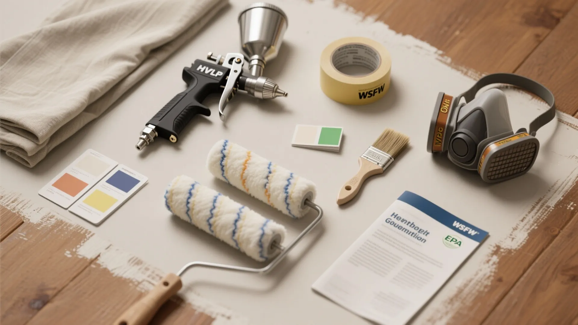 Flatlay of painting tools and safety gear for interior spraying including sprayer nozzle, rollers, brush, respirator and masking tape.