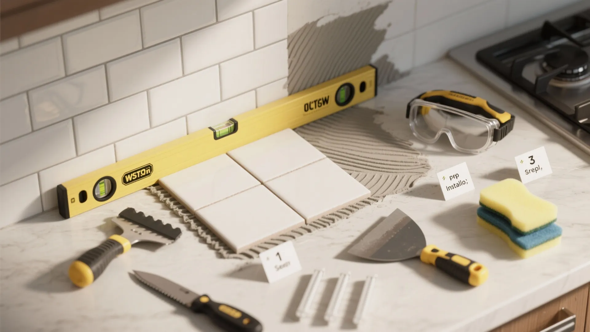 Kitchen wall tile installation tools including a yellow level white tiles mortar and safety goggles