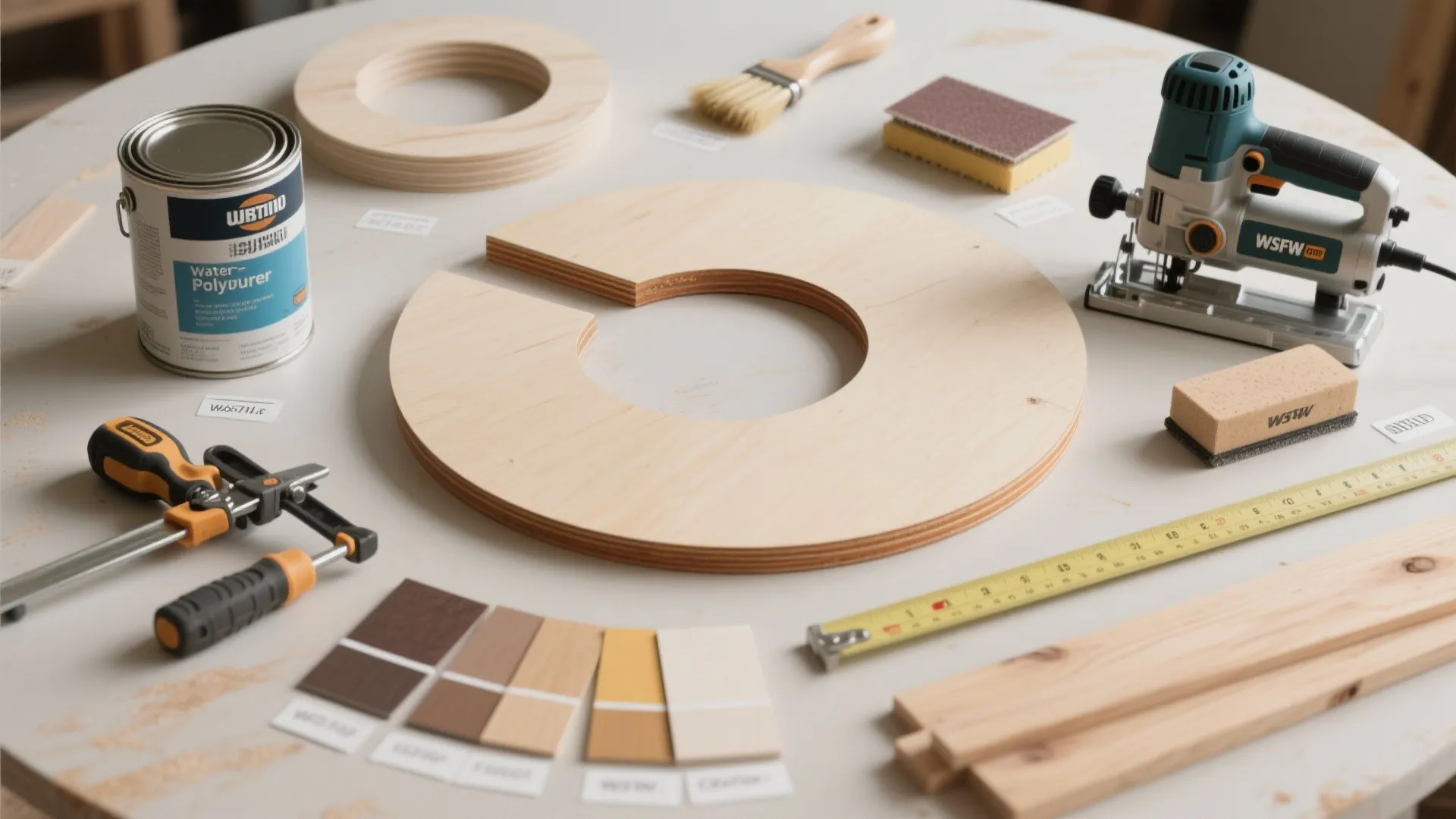 Various woodworking tools including a power saw paint can color samples and measuring tape display