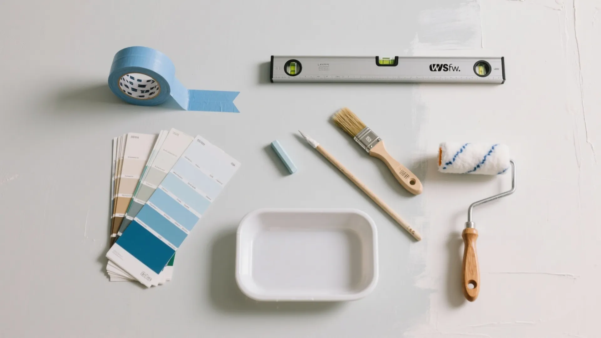 Blue tape level paint swatches brush and roller for wall painting on a white background