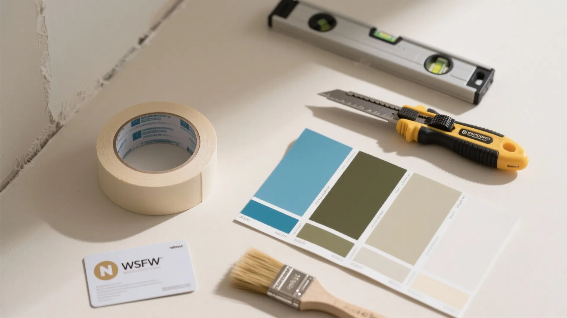 Interior painting tools including blue color palette brush masking tape level and yellow box cutter knife