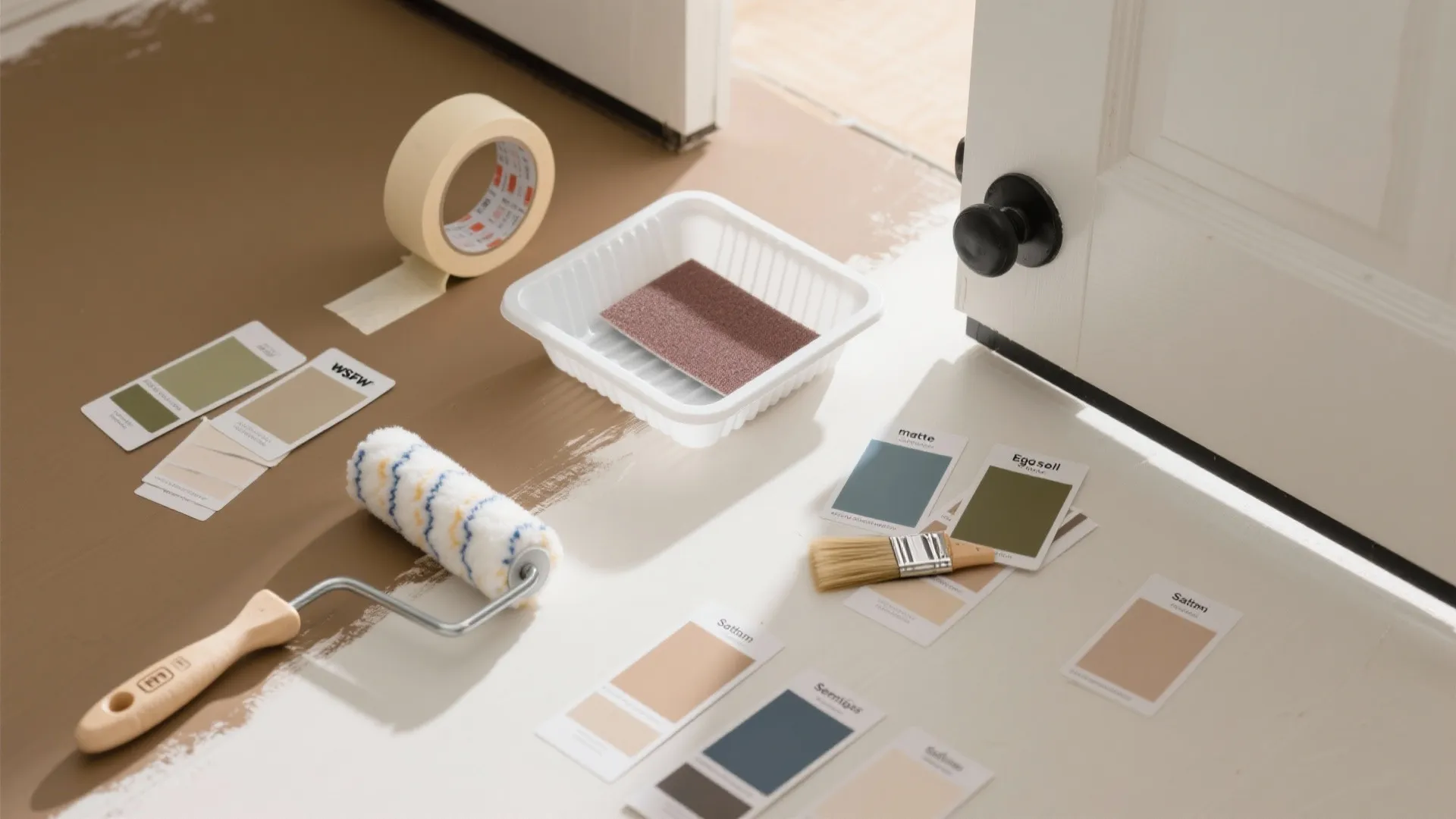 Painting supplies including a roller brush tape color cards and tray on a floor surface