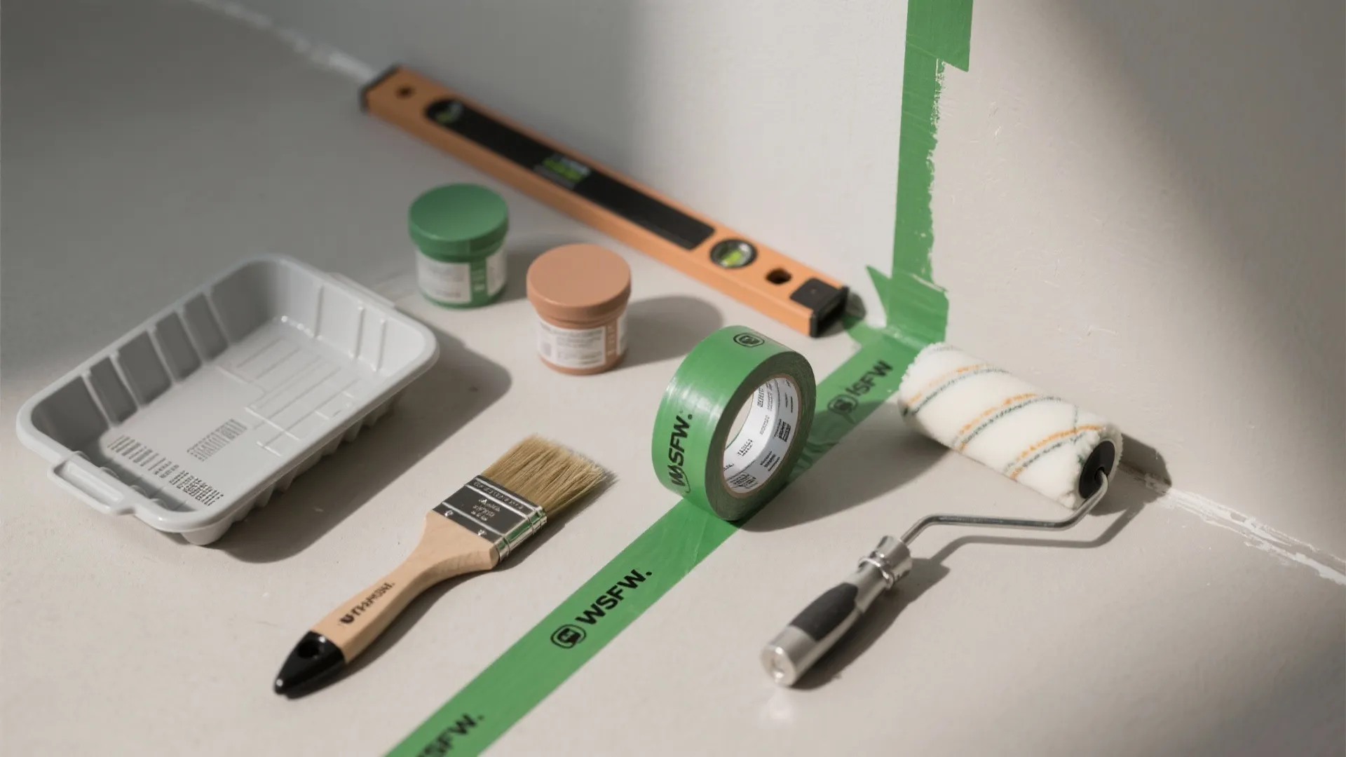 Wall painting tools including green tape paint roller brush level and tray on grey floor
