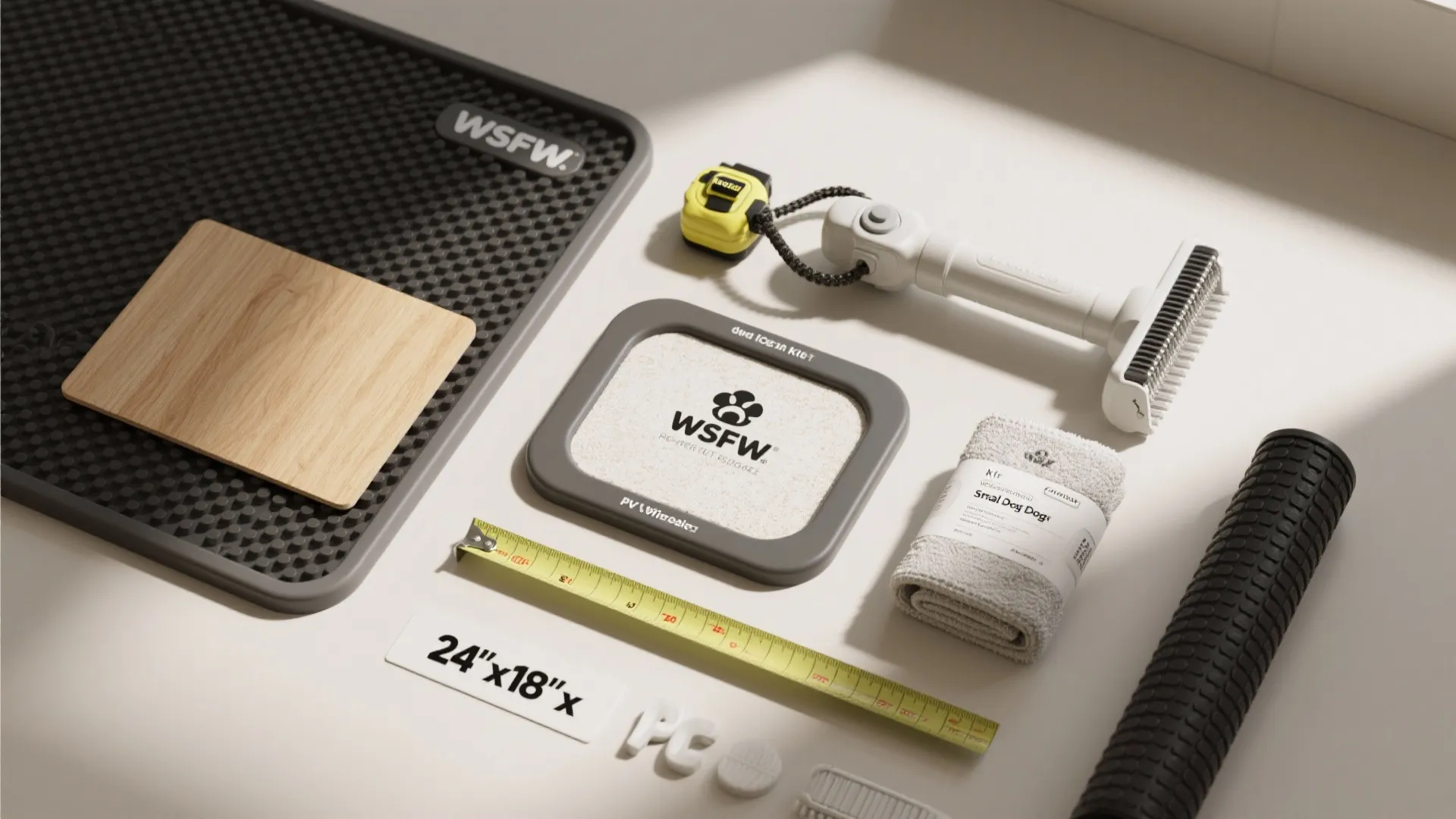 Flat lay showing floor mat wood sample measuring tape dog brush and towel for home renovation