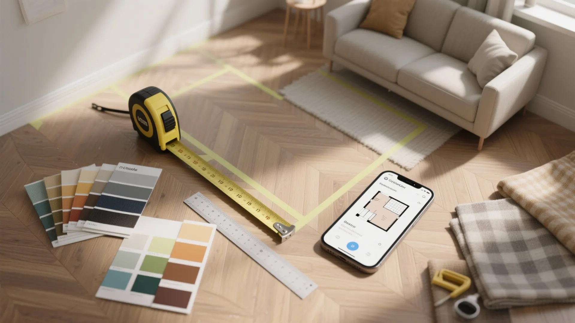 Interior design tools including measuring tape and color samples near a smartphone showing room layout