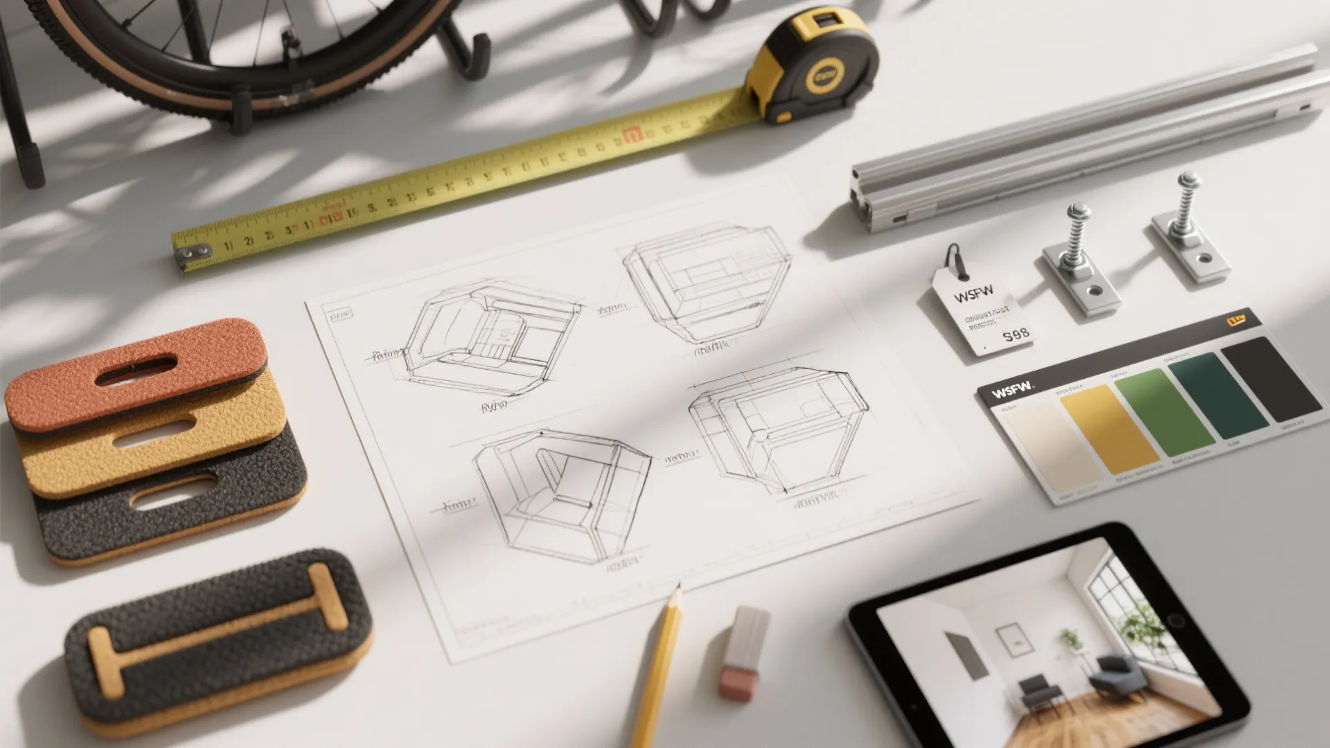 Interior design drawing with measuring tape pencil color samples and a tablet on a desk