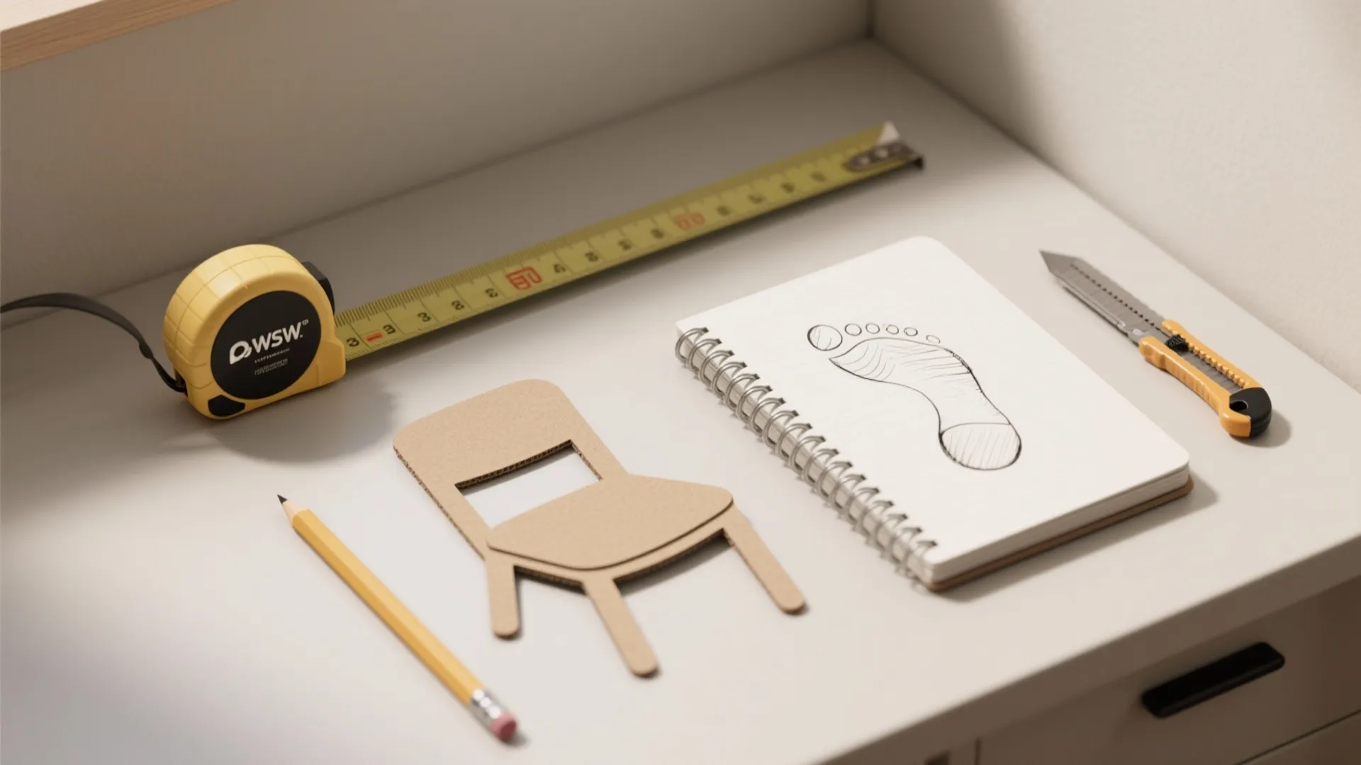 Measuring tape yellow pencil cardboard chair cutout sketch pad and craft knife on white tabletop surface