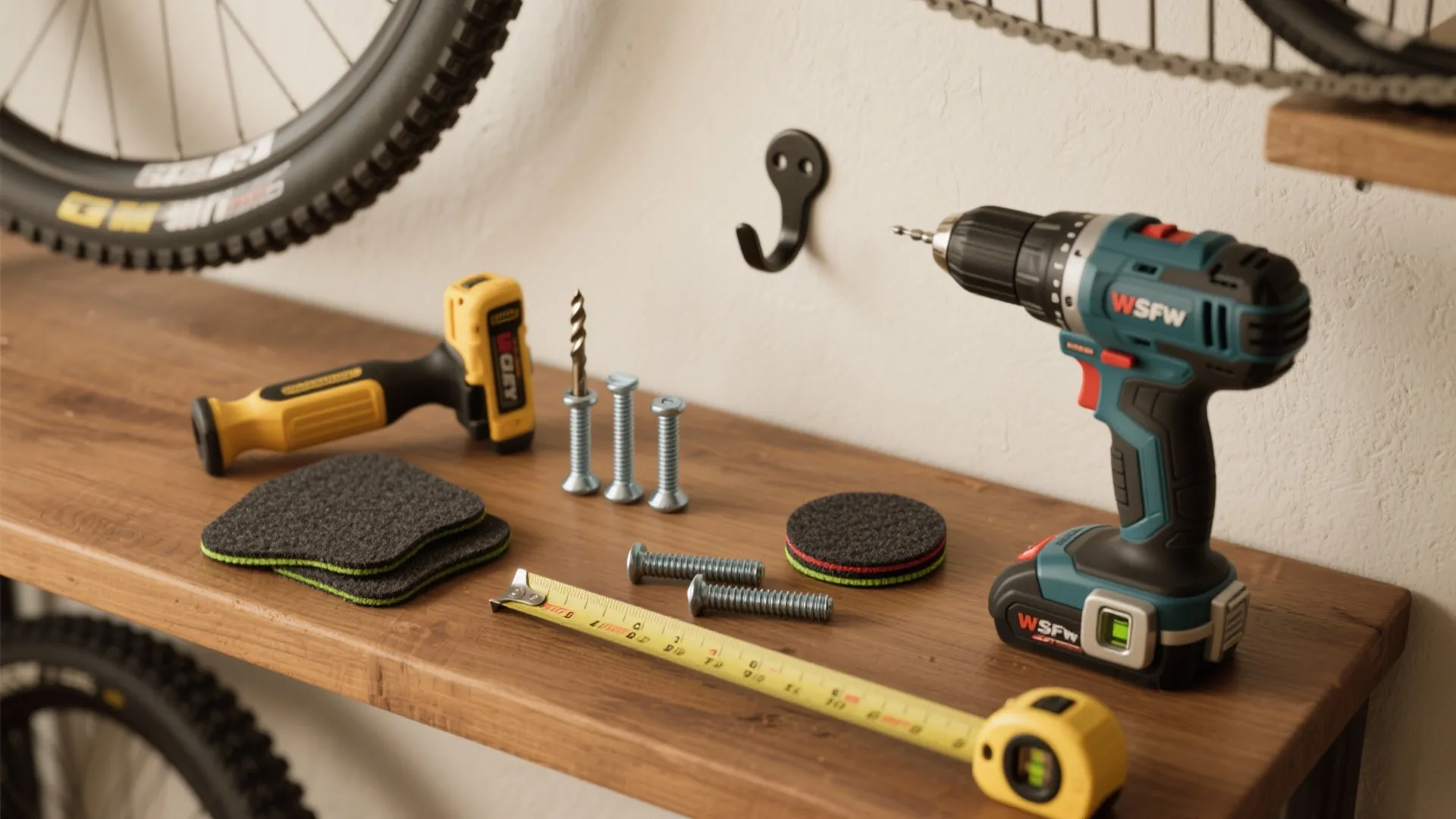 Electric drill tape measure and screws on wooden shelf for home repair and bicycle tasks