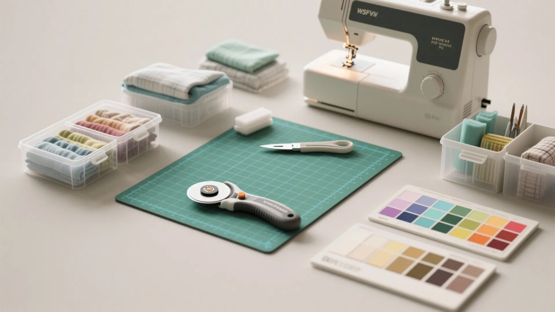 Sewing workspace showing a green cutting mat rotary cutter sewing machine and colorful fabric samples