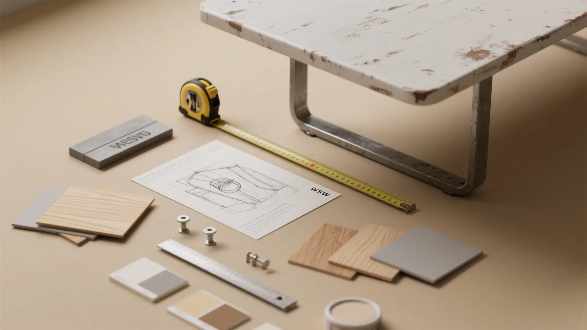 Flatlay of secondhand tabletop sample, metal base sketch, measuring tape and veneer swatches for budget narrow-table planning.