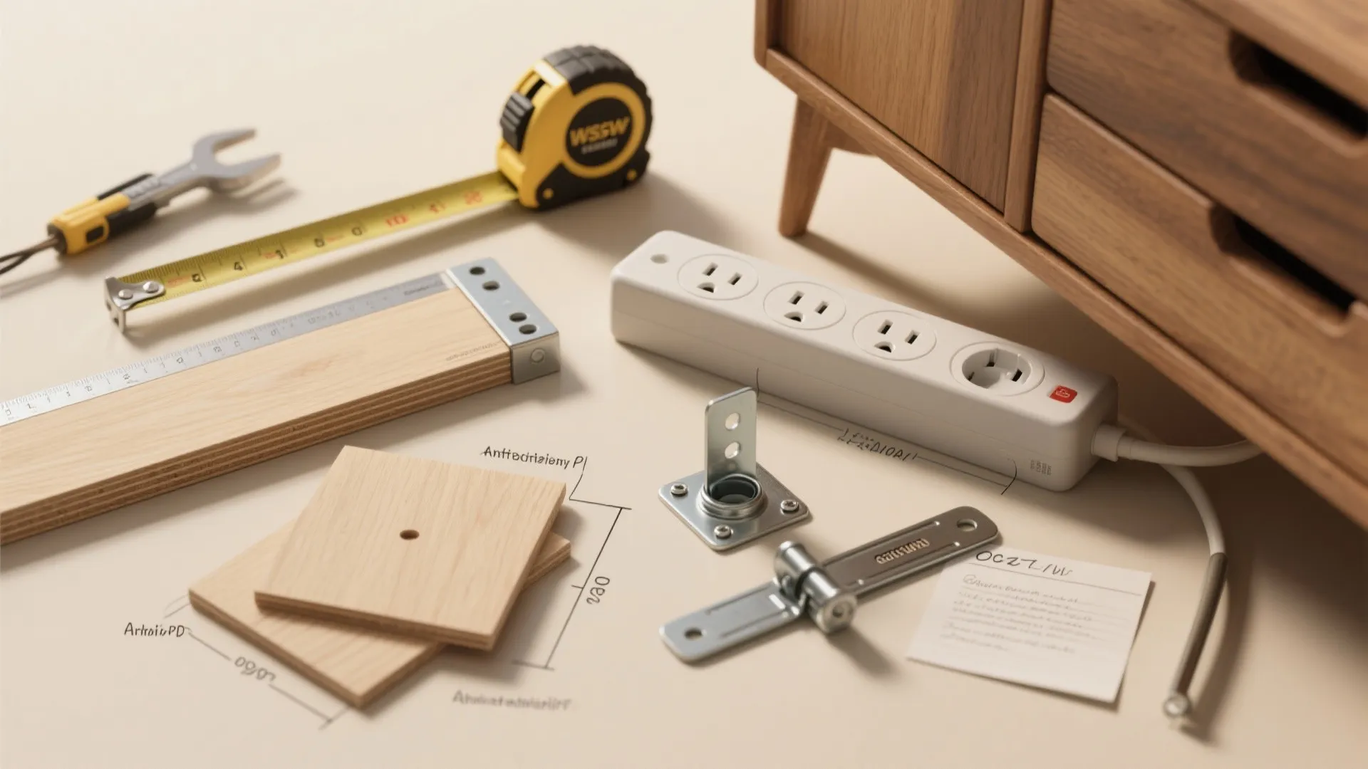 Top-down flatlay of tools and materials for a dresser desk: tape measure, grommet, power strip, anti-tip bracket, plywood sample.
