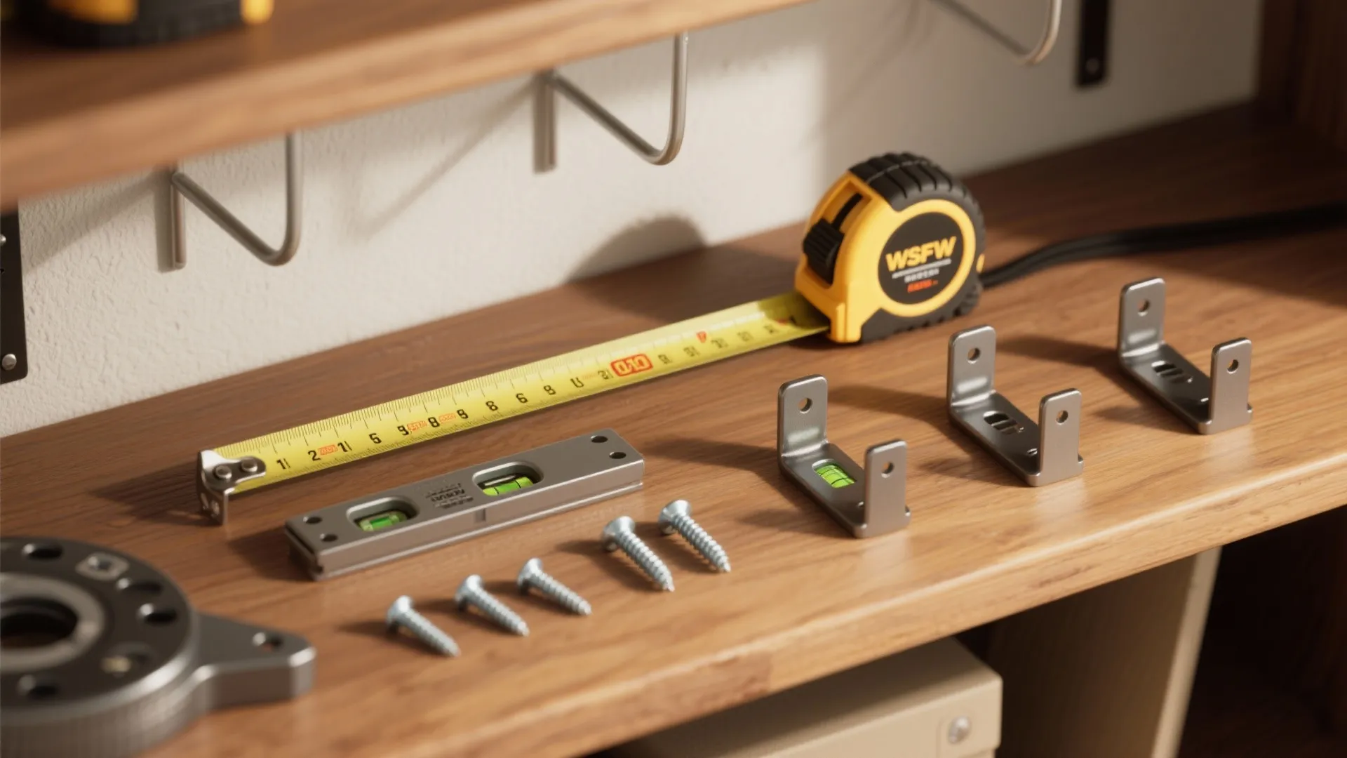 Wood shelf with tape measure level tool screws and metal brackets for home furniture assembly