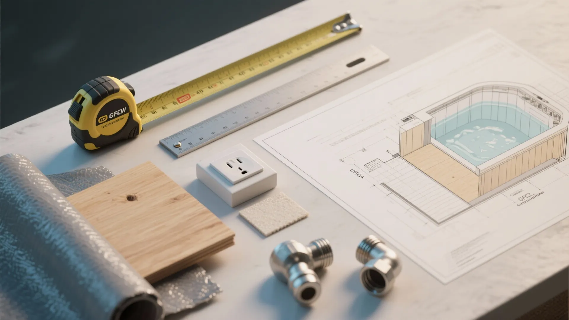 Measuring tape ruler and interior design drawing with wood samples and tools on a white table