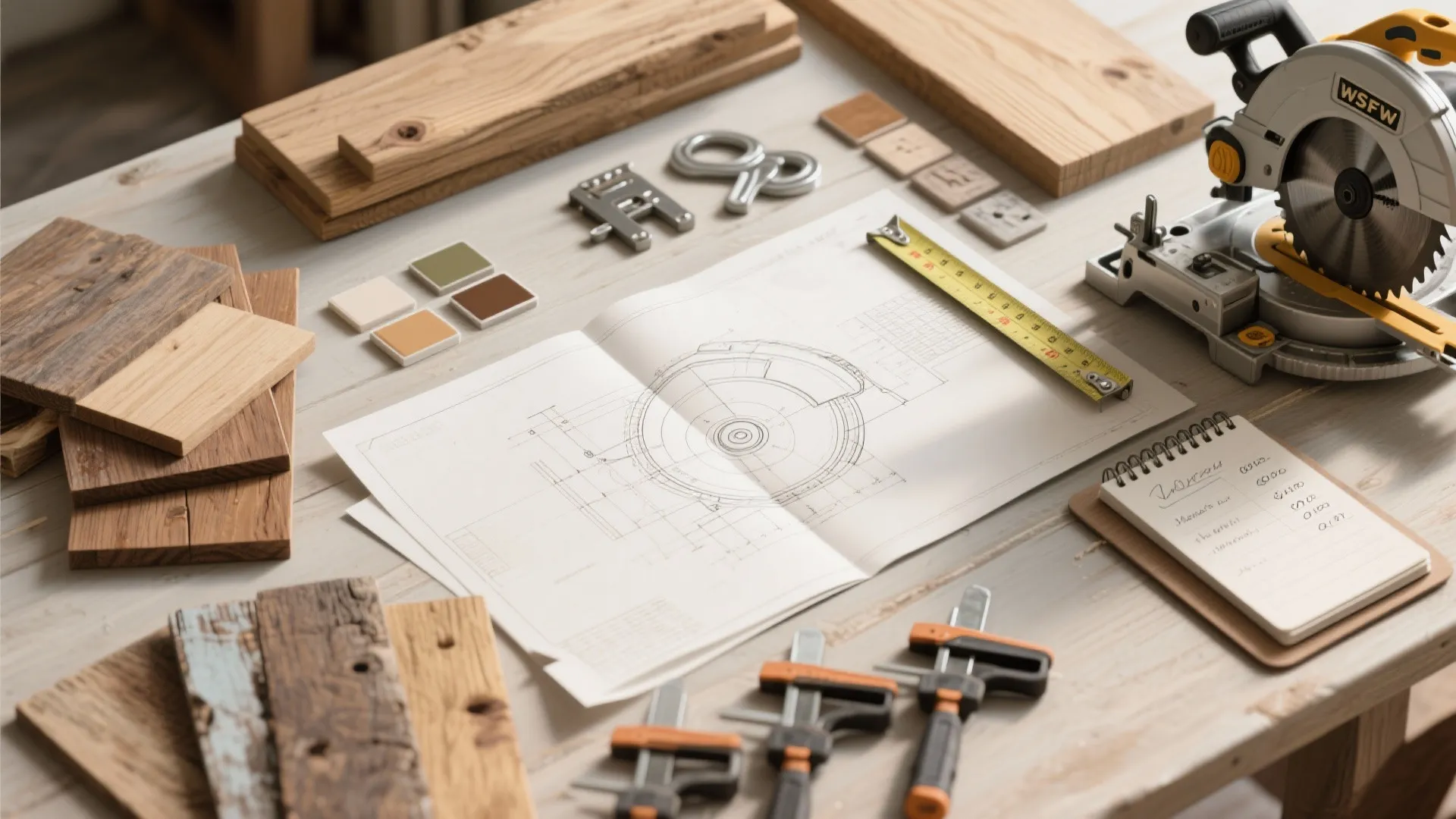 Woodworking flat lay with interior design drawing, wood samples, tape measure, clamps, and power saw