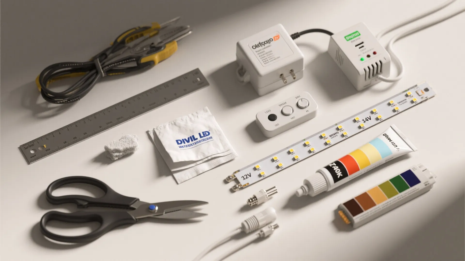 Flat lay of LED strip lighting installation tools including scissors ruler power adapter and glue tube