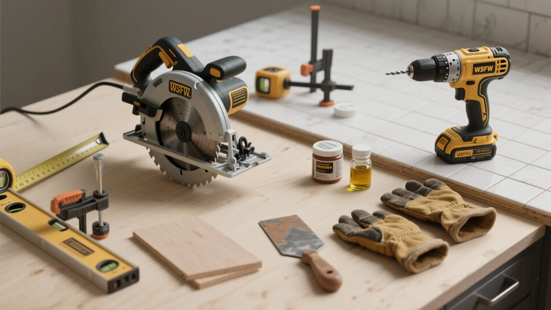 Collection of power tools including circular saw and drill with work gloves on wooden workbench surface