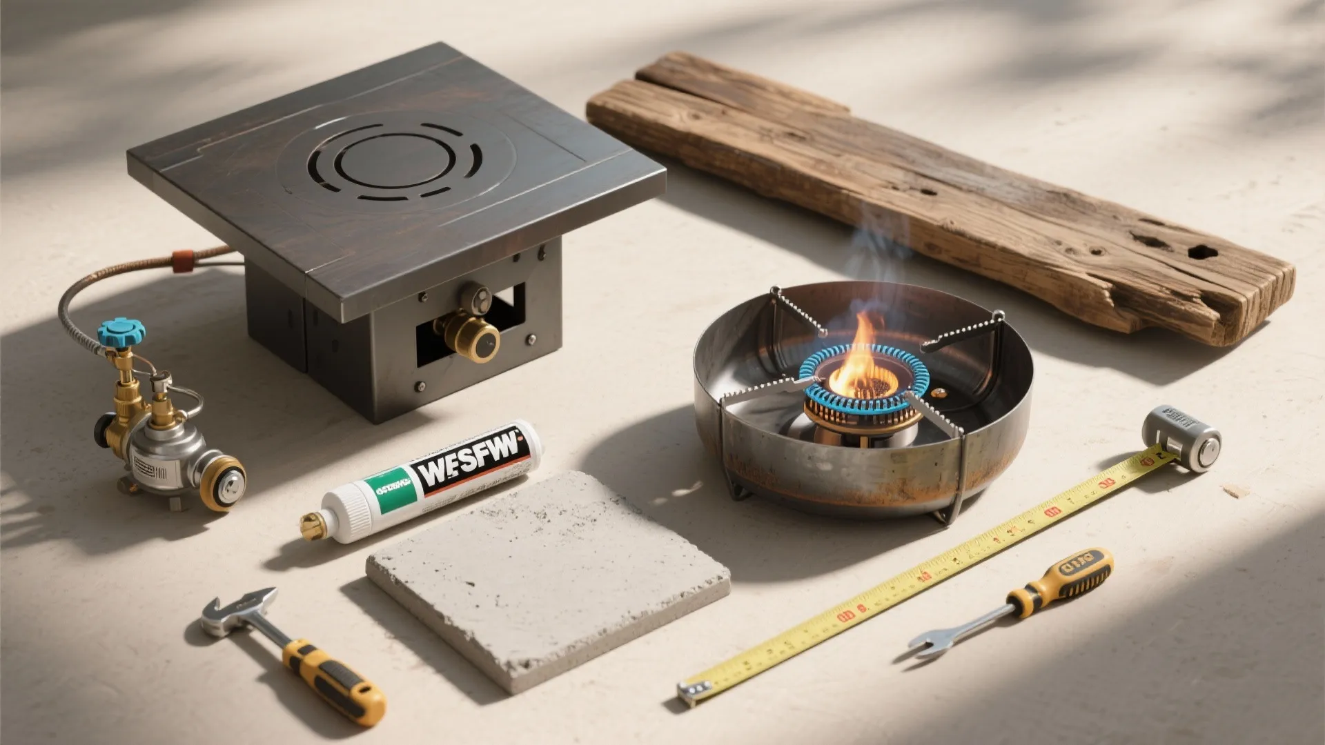 DIY outdoor heater tools including a small gas burner measuring tape screwdriver and wood piece