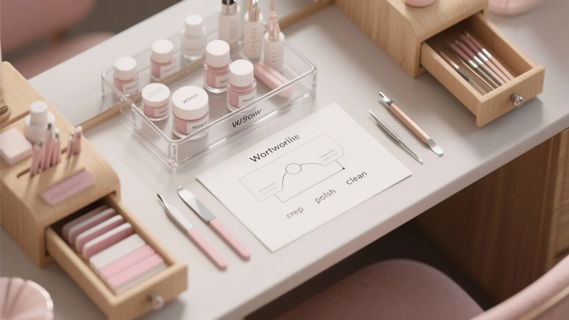 Manicure workspace showing nail care tools small pink bottles wooden drawers and a process diagram