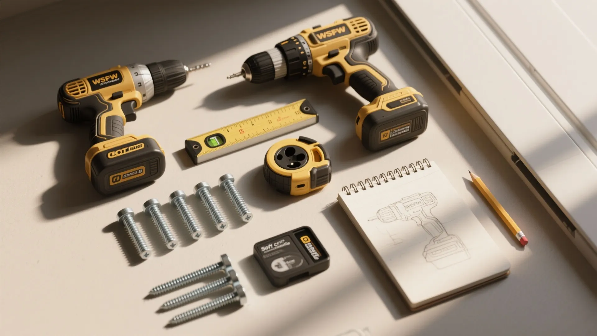 Overhead flatlay of tools for sliding door installation including drill, level, stud finder, tape measure and soft-close kit.