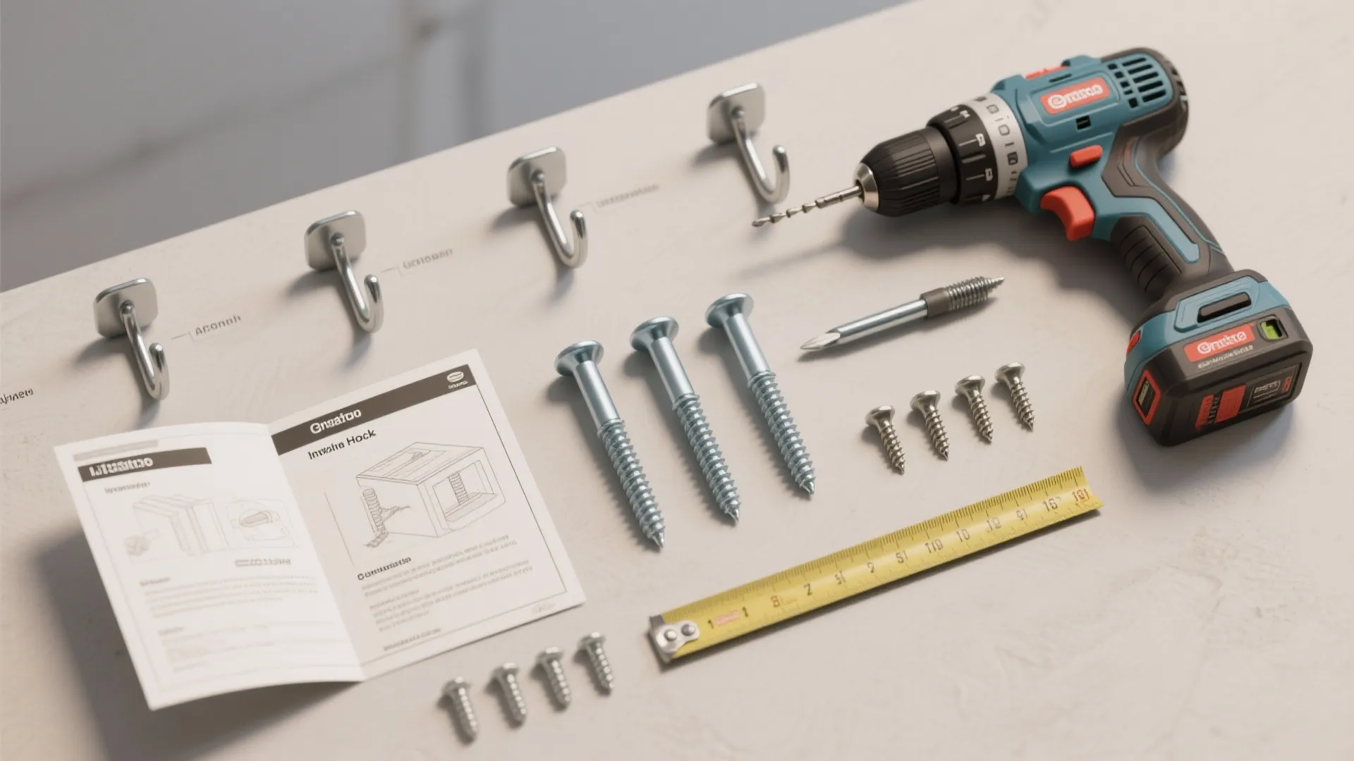 Home improvement tools including power drill metal hooks screws yellow measuring tape and a paper manual