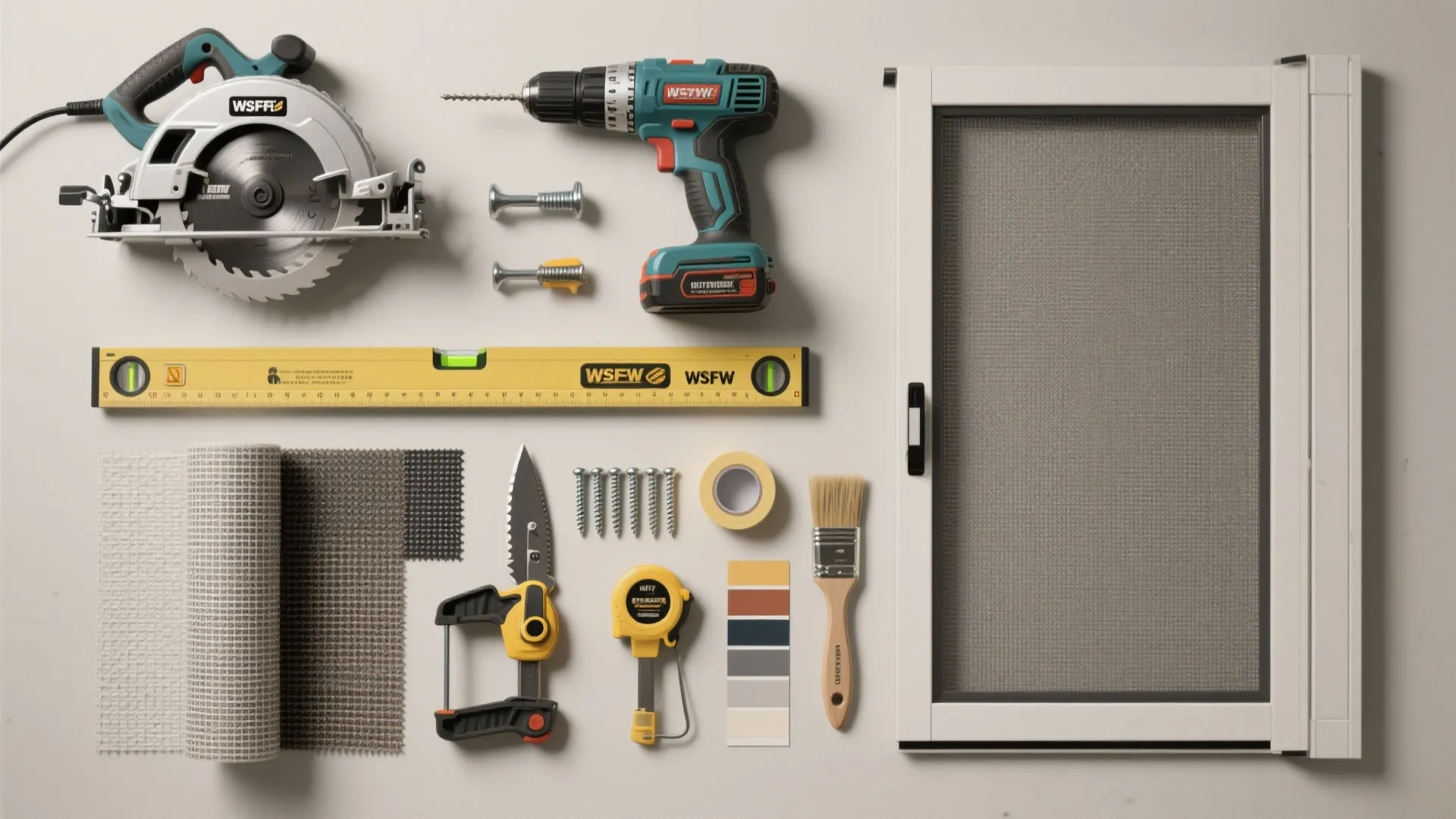 Collection of home renovation tools including a drill saw level and window screen on table