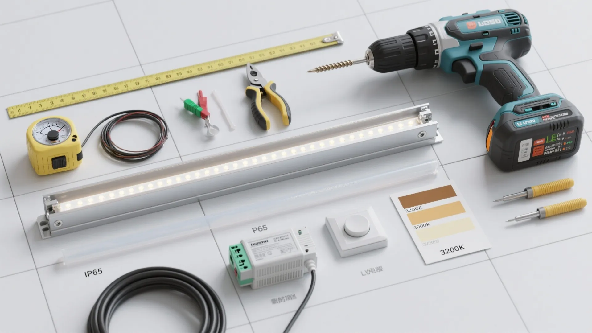Top-down flatlay of DIY tools and materials for installing LED mirrors, including LED strip and channels.