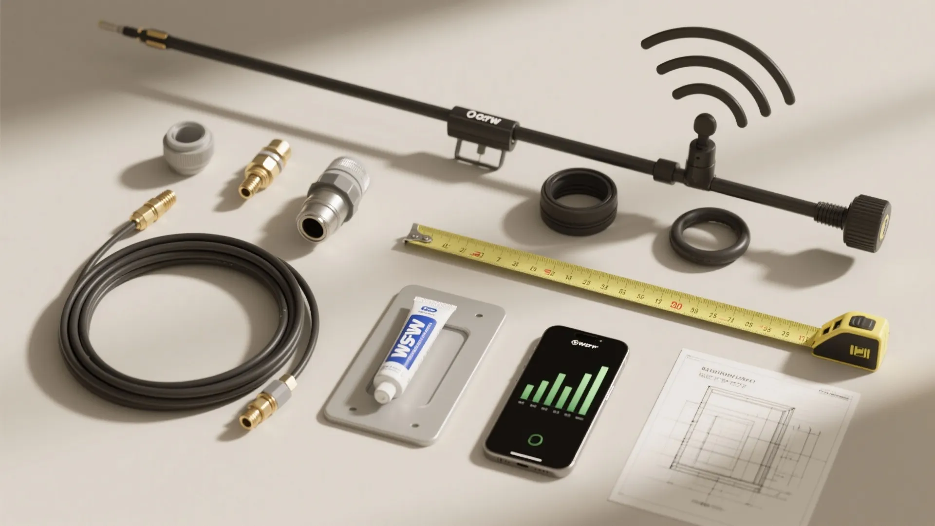 Flatlay of antenna components, coax, connectors, sealant, and a phone used for DIY signal improvements.