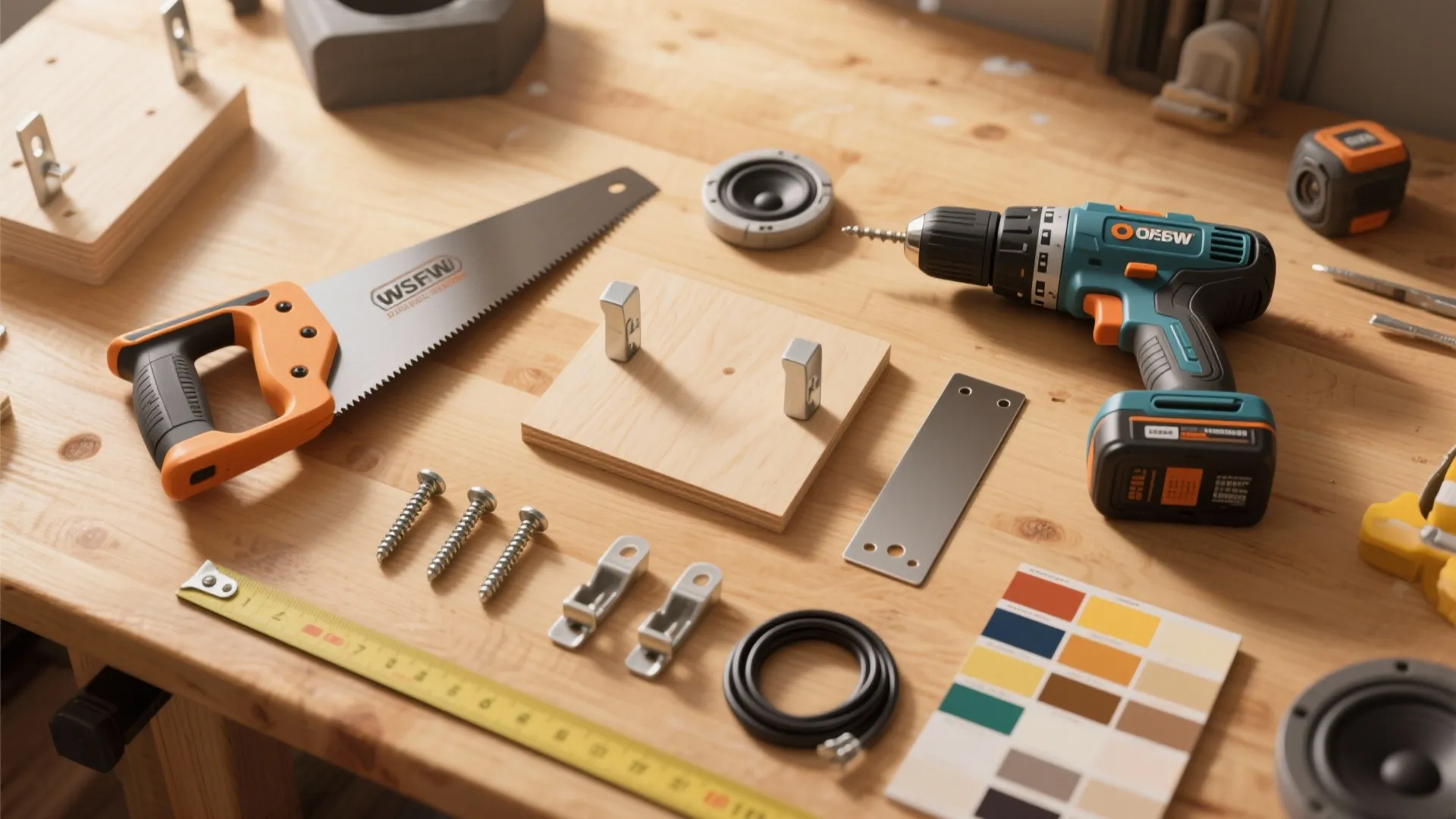 Top-down flatlay of tools and materials for DIY speaker mounts including drill, screws, magnets, and wood samples.