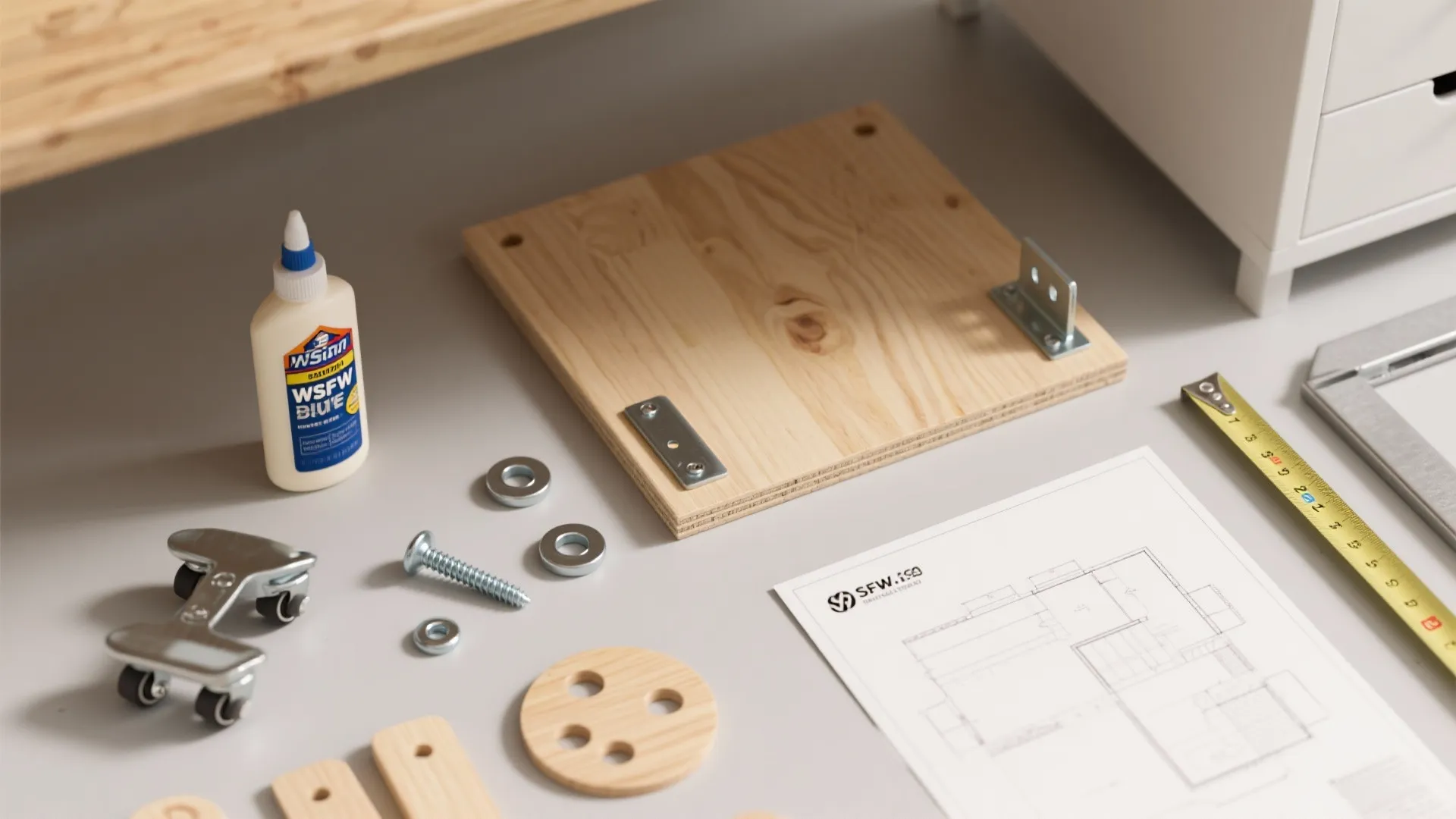 Top view of wood pieces glue screw tape measure and interior design drawing on grey surface