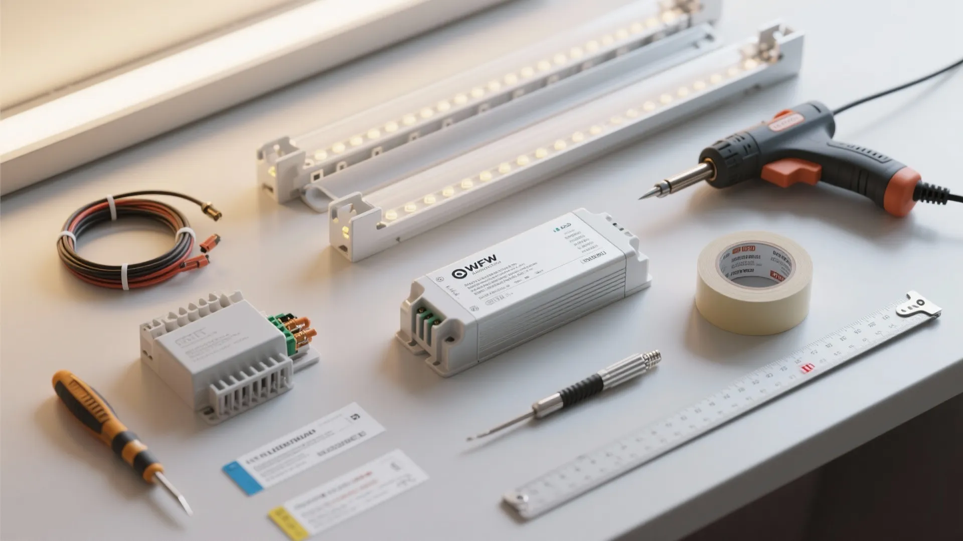 Flat lay of led light strips power driver screwdriver tape and tools for home installation
