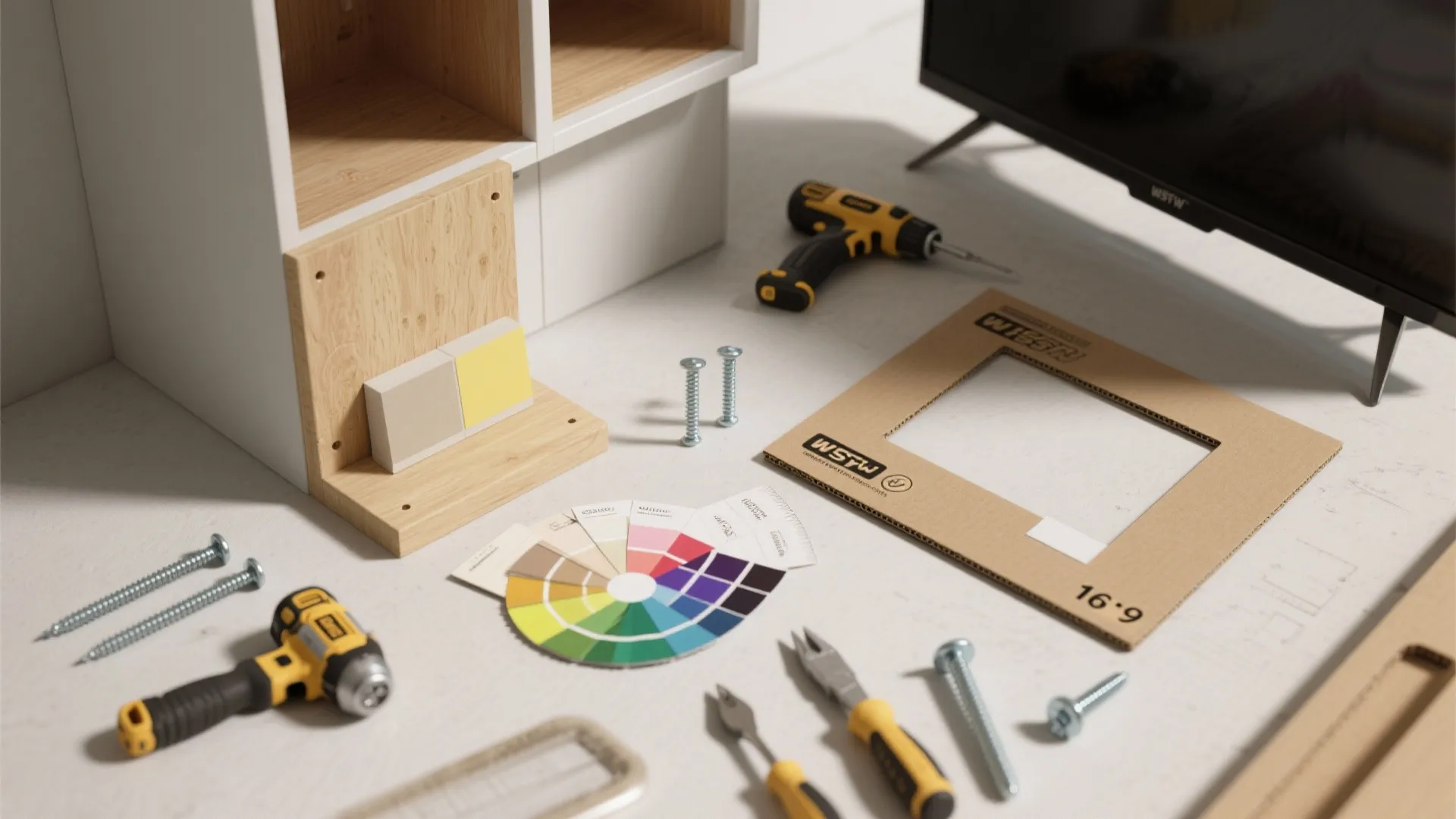 Table with power drill color wheel screws and tools for home furniture assembly and design