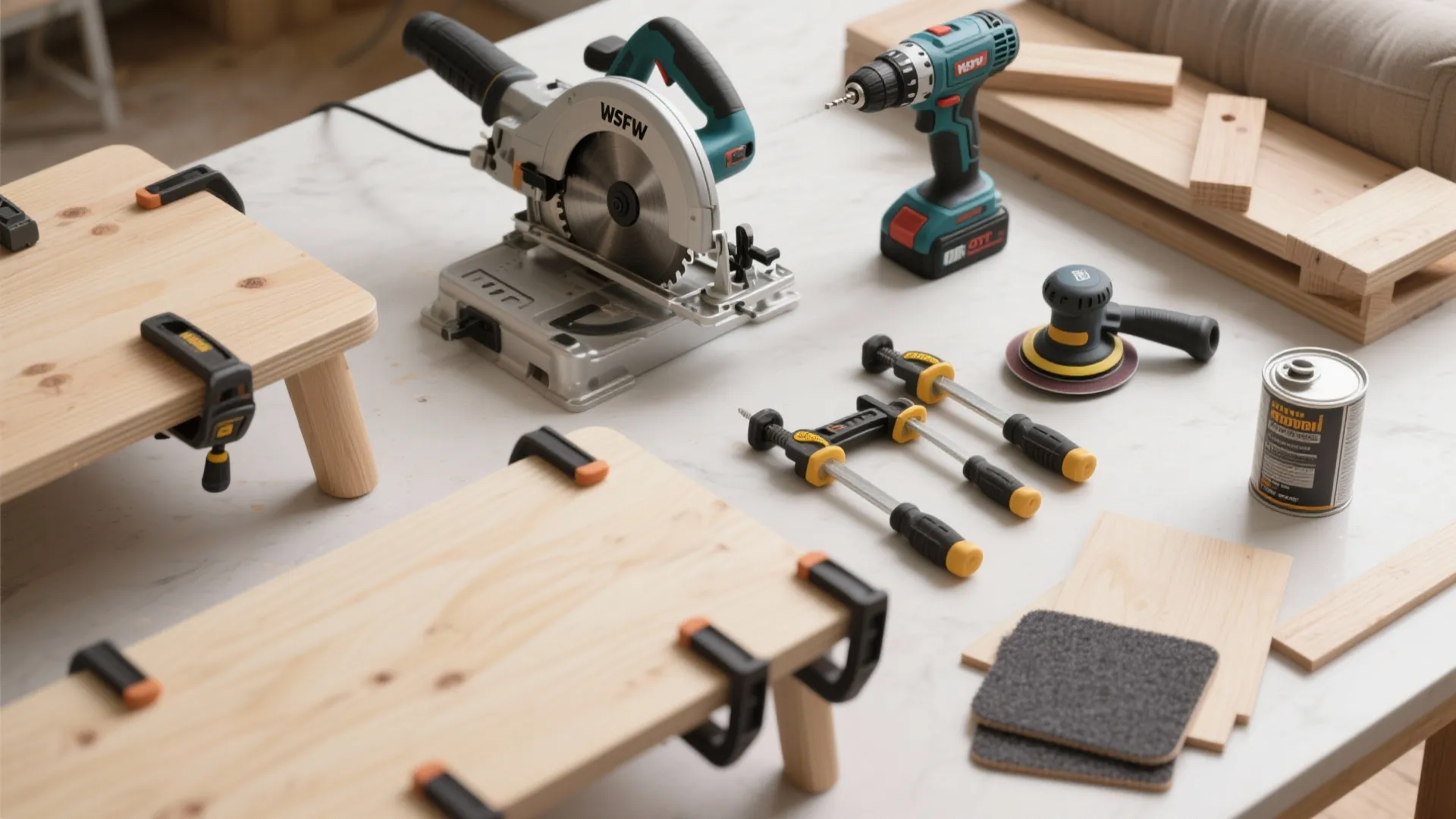 Top-down flatlay of tools and materials for DIY sofa arm tables including saw, sander, clamps, plywood samples and finishes.