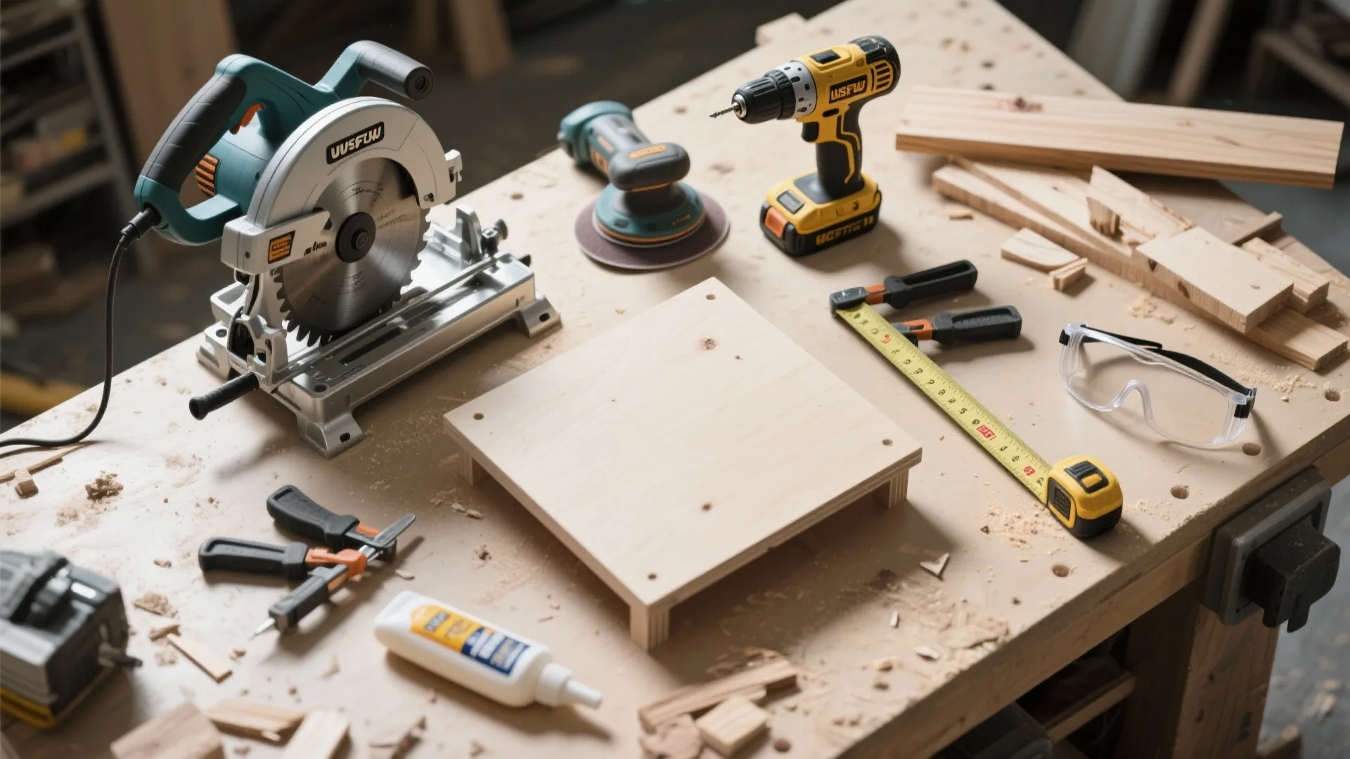 Flatlay of essential woodworking tools including saw, drill, sander, clamps, and measuring tape on a workbench.