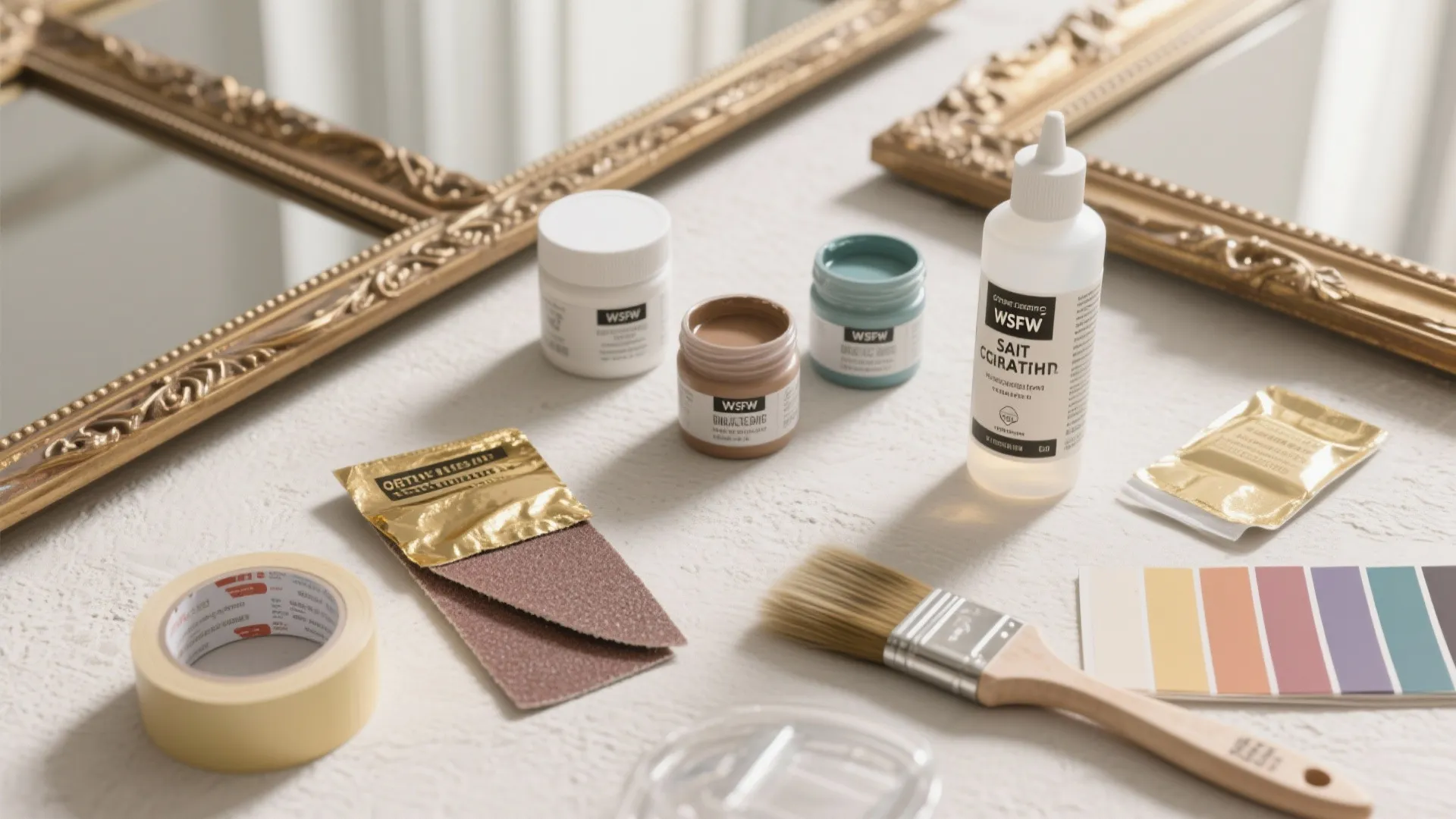 DIY materials including gold frames, paint jars, glue, sandpaper, masking tape, paintbrush, and color palette