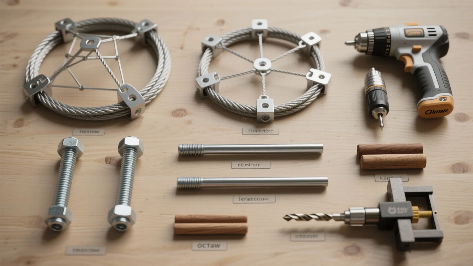 Work surface with electric power drill, metal parts, screws, and wooden pieces for furniture assembly projects