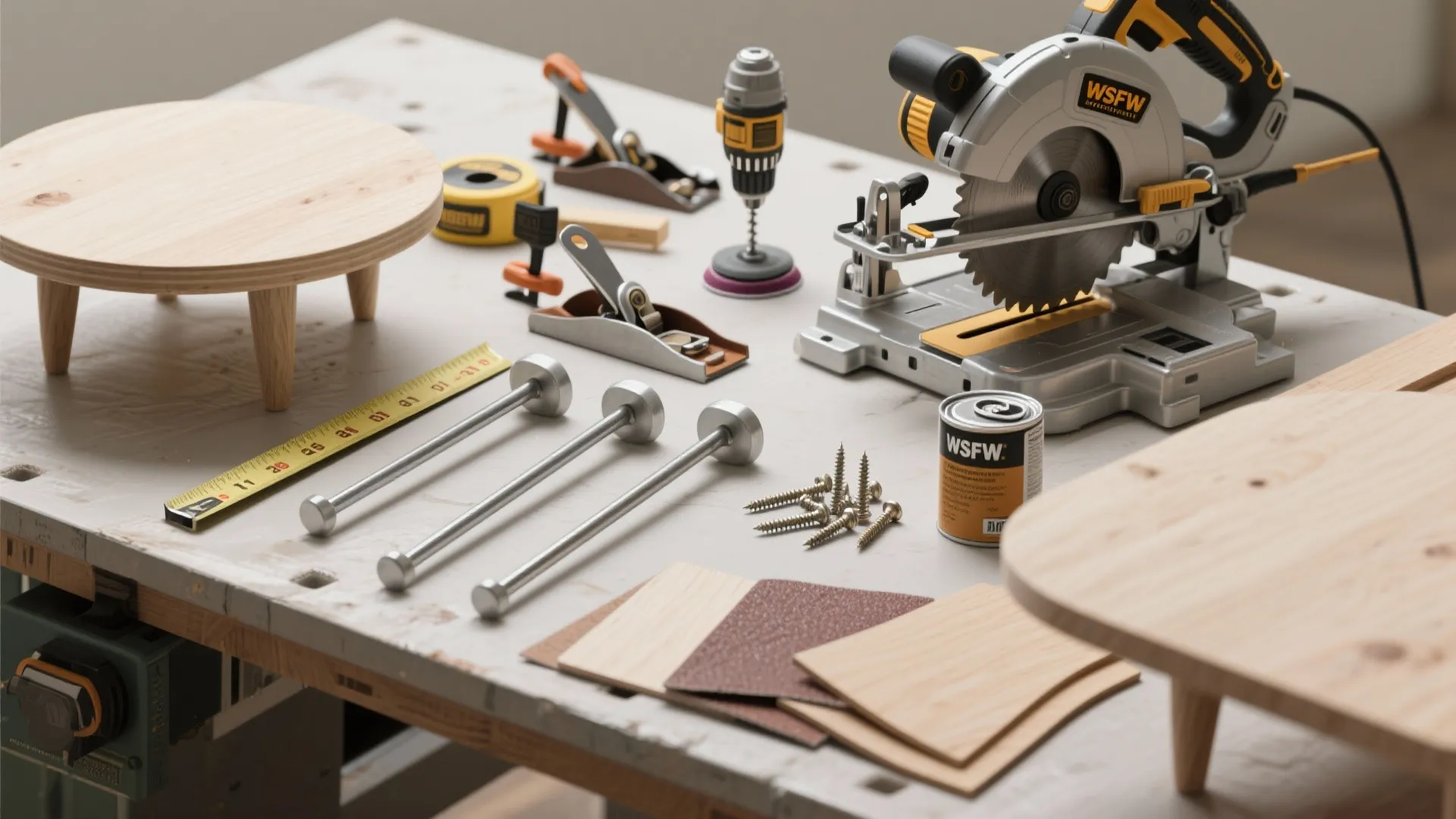 Worktop with woodworking tools saw screws tape measure sandpaper and small wooden furniture pieces layout
